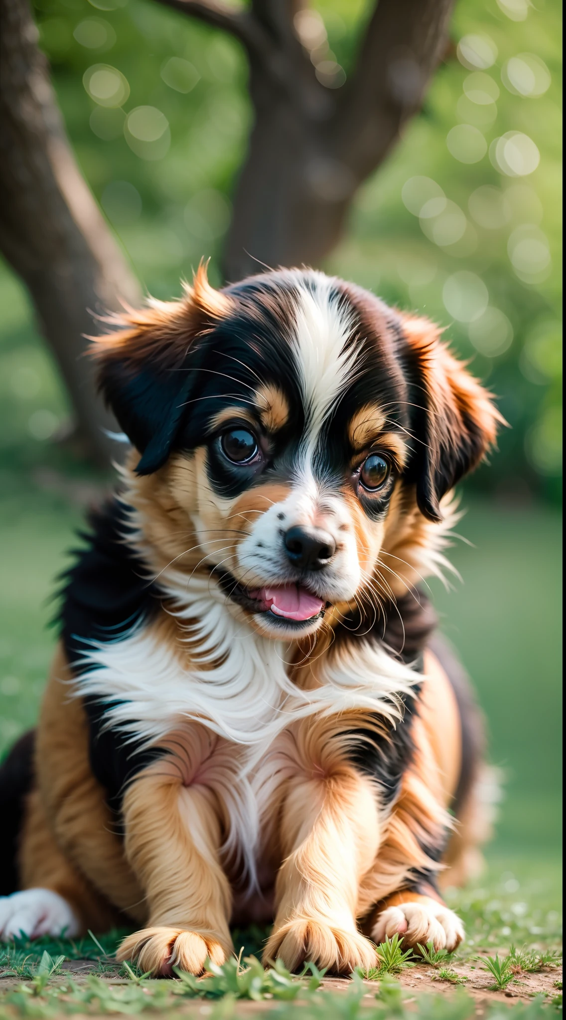 Puppy, small dog, sitting on lawn with a big tree in the distance, happy, smiling, masterpiece, 8k, high resolution, highest texture, better face, rich detail, (super realistic) --v6
