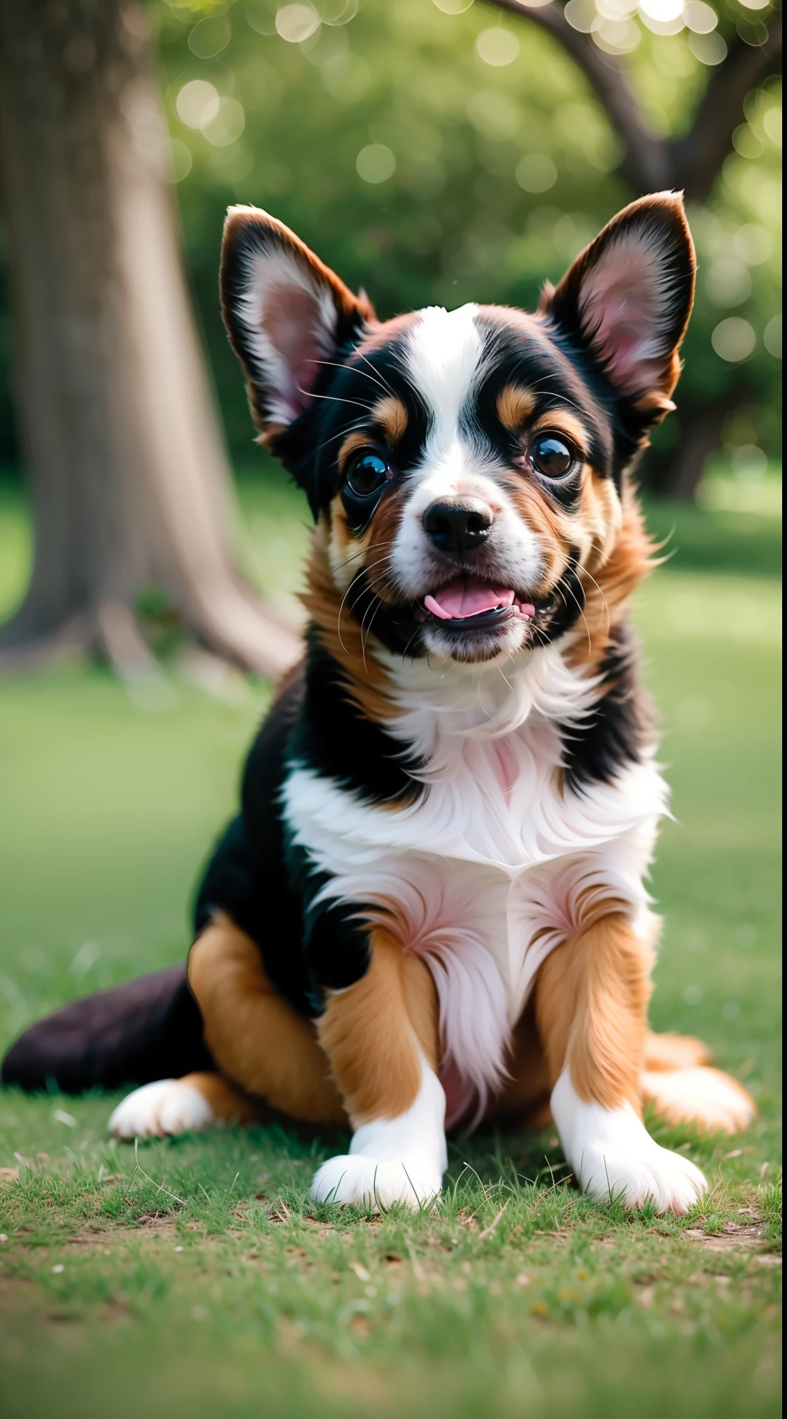 Puppy, small dog, sitting on lawn with a big tree in the distance, happy, smiling, masterpiece, 8k, high resolution, highest texture, better face, rich detail, (super realistic) --v6