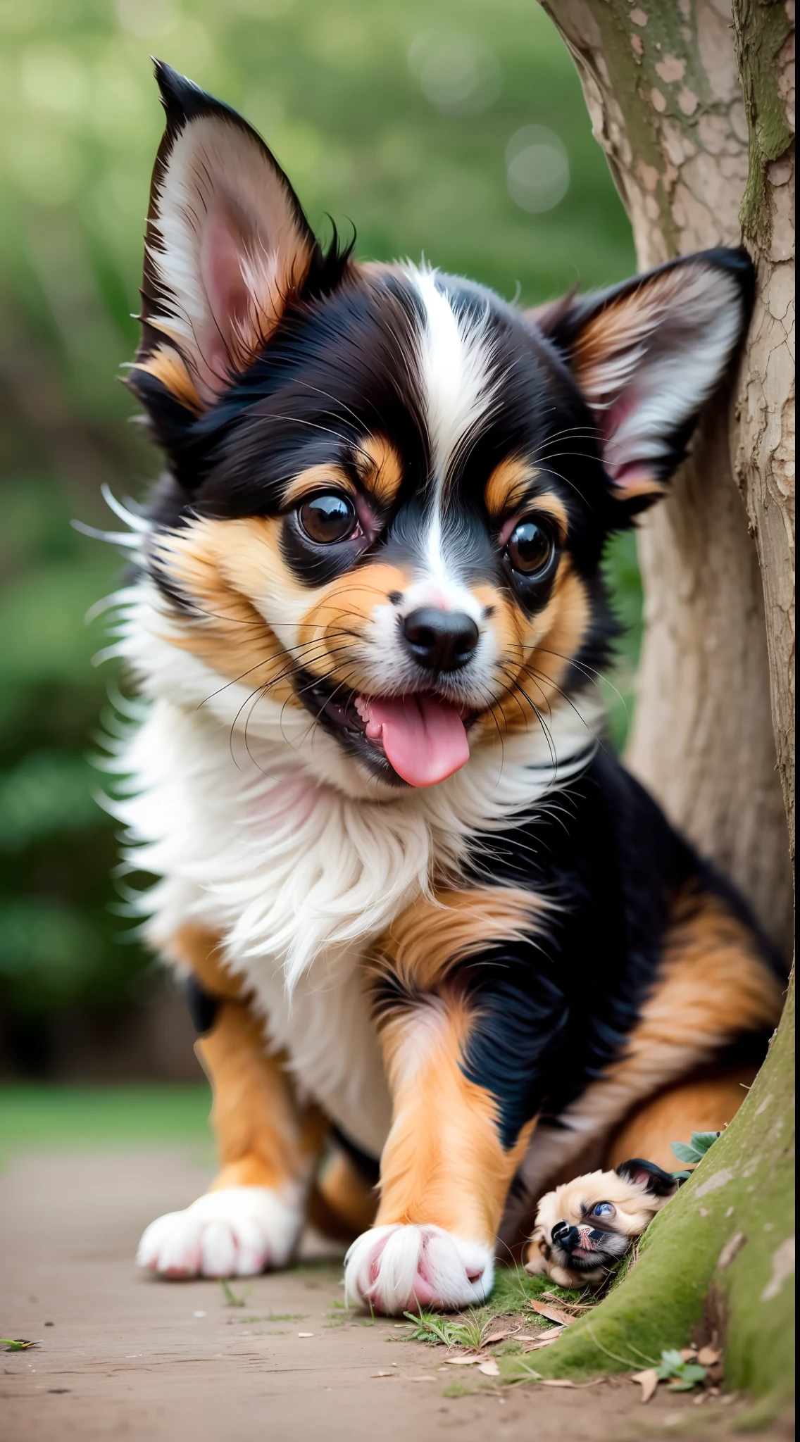 Puppy, small dog, sitting on lawn with a big tree in the distance, happy, smiling, masterpiece, 8k, high resolution, highest texture, better face, rich detail, (super realistic) --v6