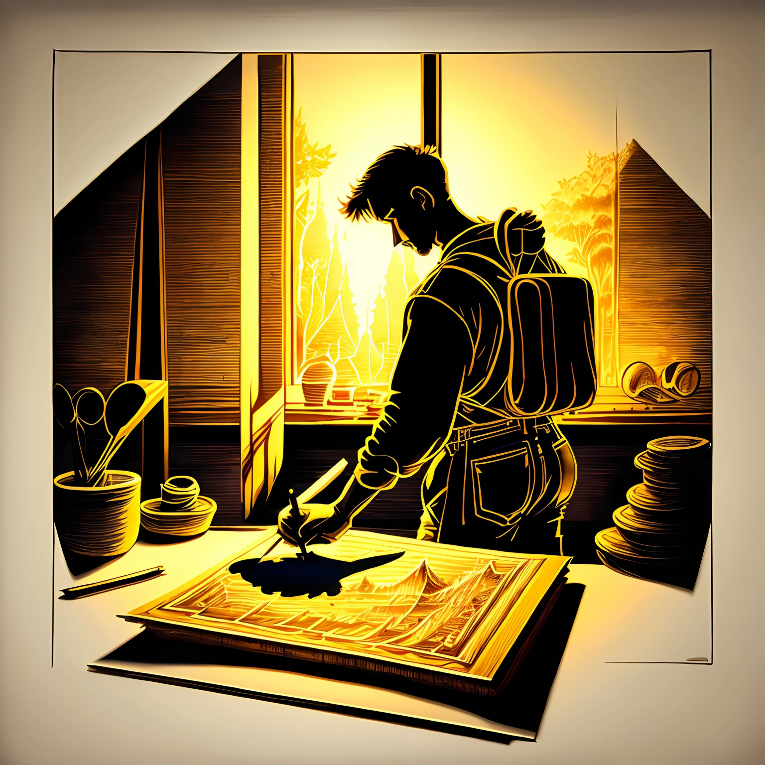 Male painter of hand-drawn board drawing，Back Shadow，Yellow backlight，studio，Computer，book --auto