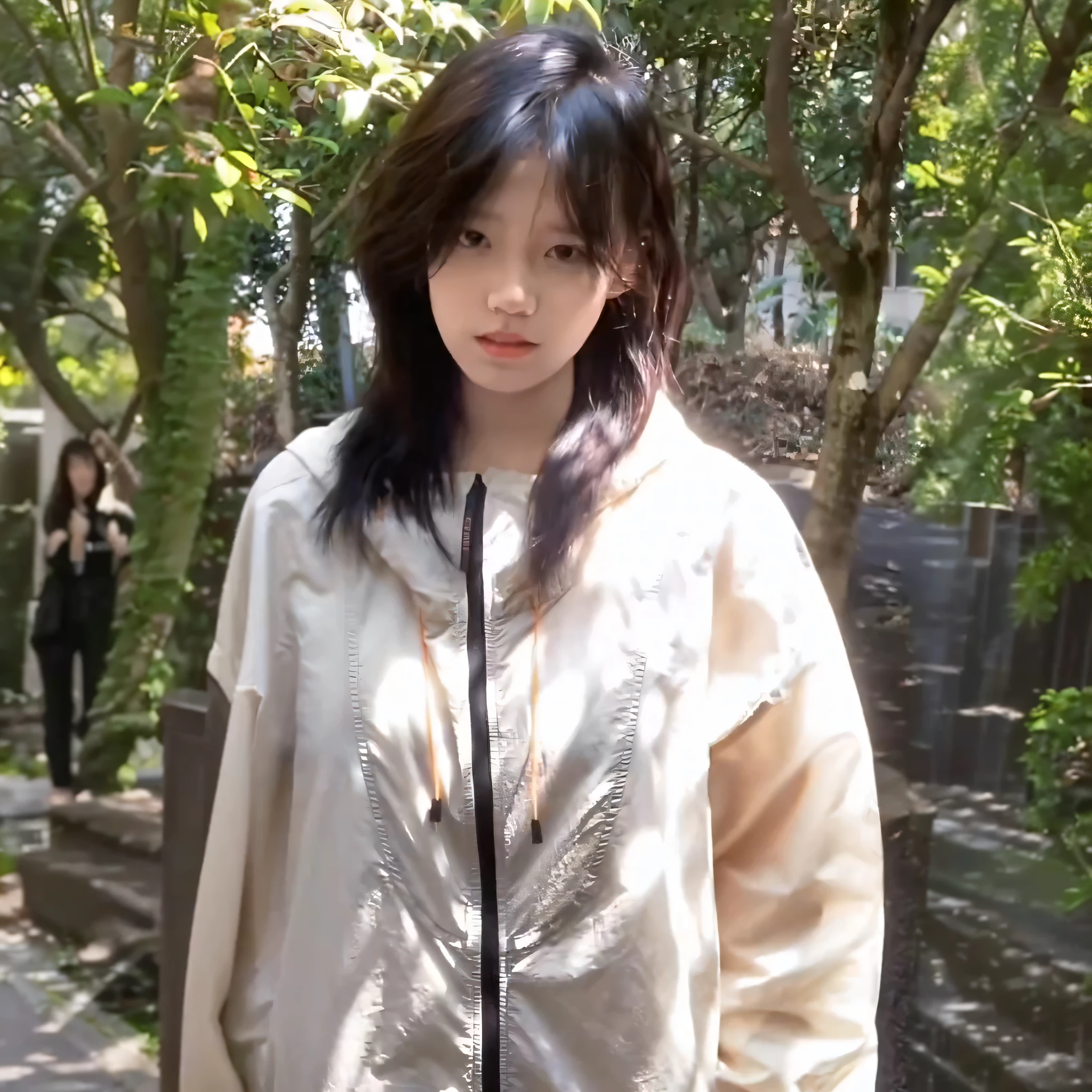There was a woman standing in the park,Wear a jacket, bae suzy, chiho, wearing track and field suit, she is wearing a wet coat, Shin Jinying, xintong chen, dressed with long fluent clothes, tzuyu from twice, ulzzangs, shaxi, Choi Hyun-hwa, lalisa manobal