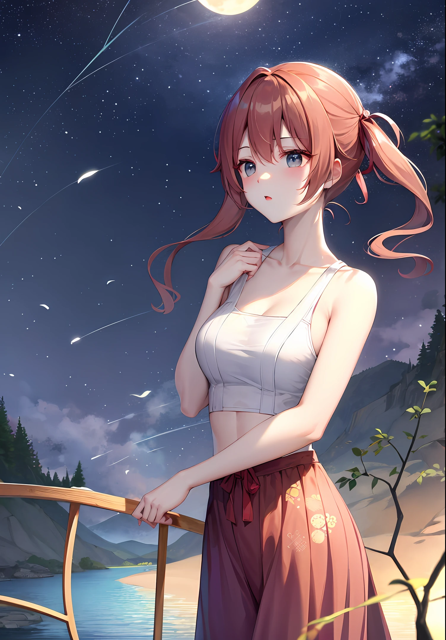 best qualtiy,tmasterpiece,超高分辨率,(realisticlying:1.4)Kizi,beautiful_face,Detailed skins,Perfect body shape, Big-breasted girl bandage wrapped around her chest,Standing by the lake, the moon is printed on the surface of the lake,There was a little willow branch fluttering beside it,The whole picture has a feeling of a breeze blowing,People do Xizi holding hearts,There was anticipation in his expression。