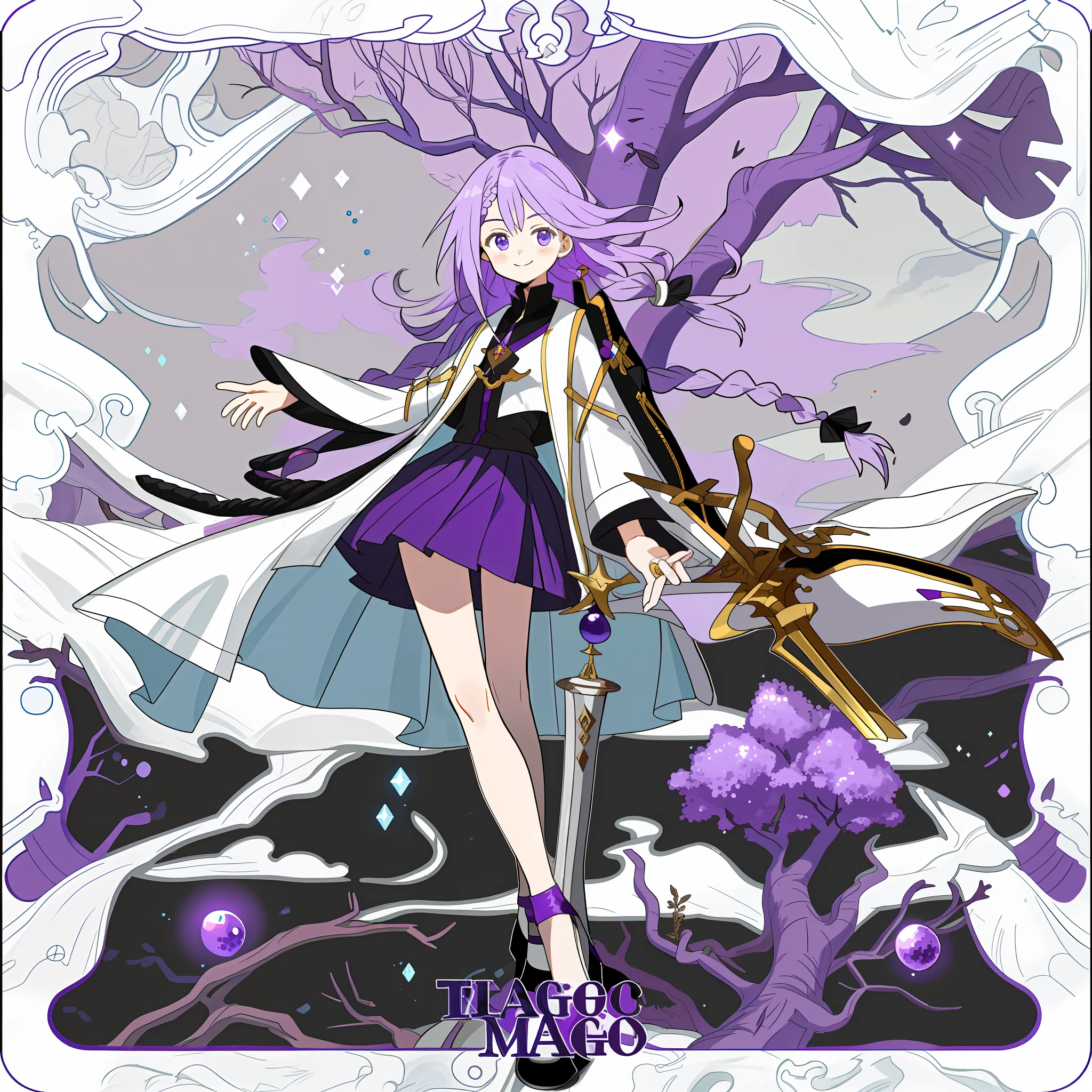 magia，smog，teens girl，beauitful face，arma，French formation，adolable，Short purple skirt，White color hair，Braided hair，hair adornments，Long hair，high-heeled，Fantastic scene，Top lighting，Hair decoration，purpleish color，dead tree，grape trees，grape trees，Purple magic，handheldweapons，cute smiling face