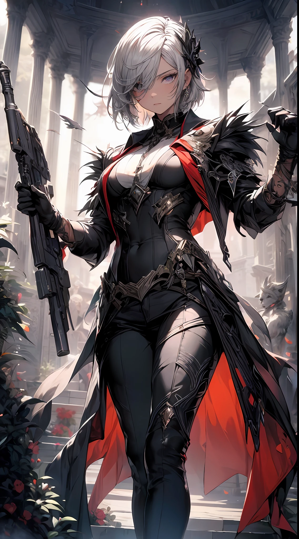 (absurdres, highres, ultra detailed, HDR), masterpiece, best quality, solo, a boy holding gun, magic gun, intricate gun, handsome, short hair, white hair, leather outfit, BREAK, Detailed face, dark persona, light persona, fractal, full body, ceiling, artistic background, Bio-luminescence, geometric, Organic, blessing, favor, exalted, fantasy, celestial, sublime, noble, unfolding, unraveling, spiritual, dignified, magic circle, look at viewer