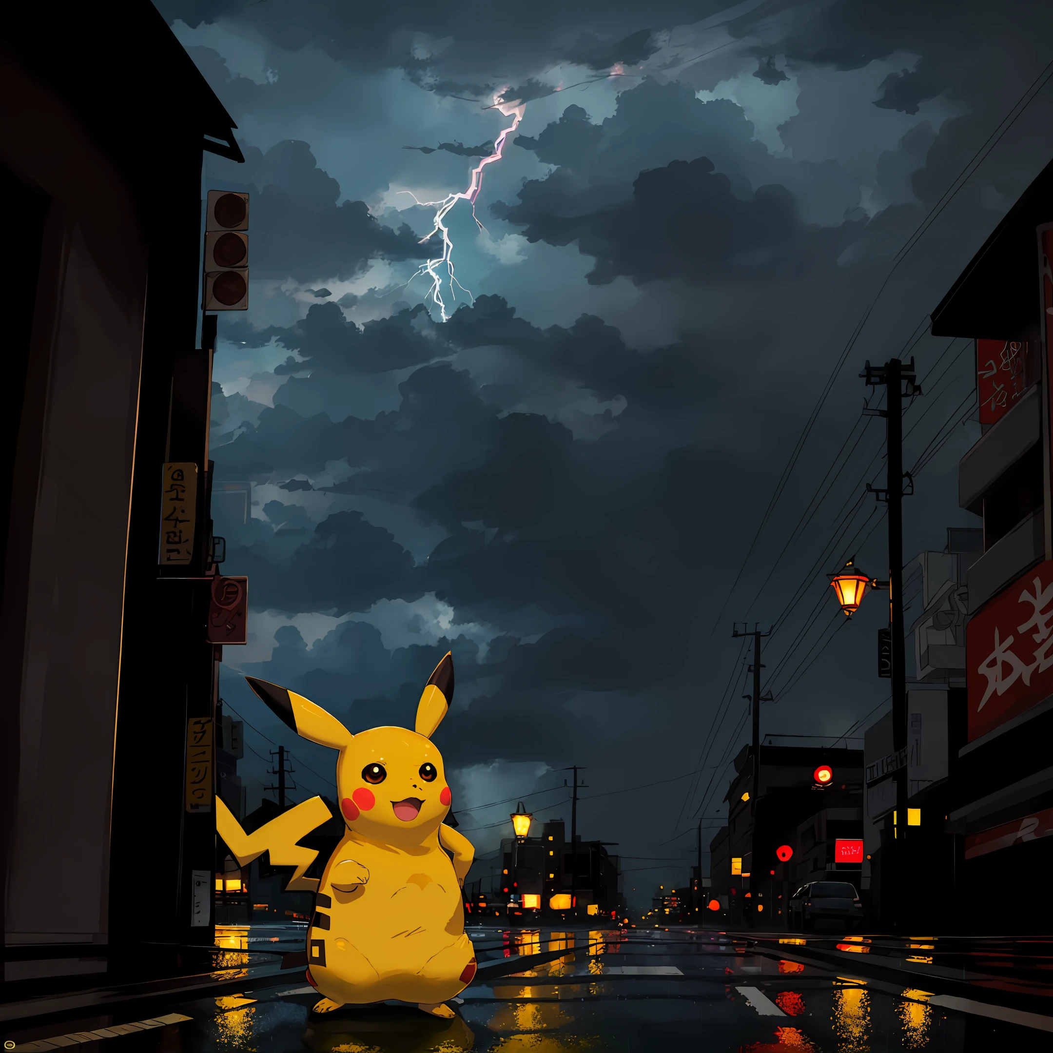 Pikachu,personification,musculature,Thunder and Lightning,adolable,Rainy streets,Flashing neon