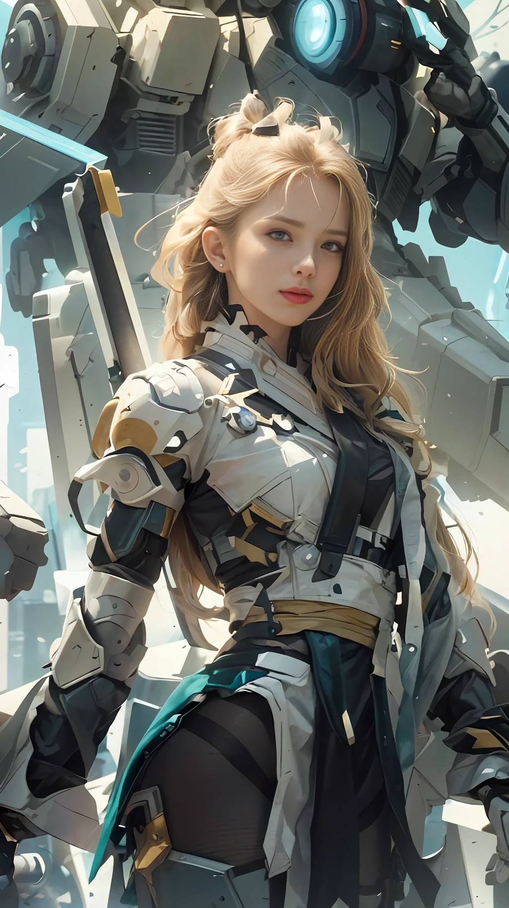 Masterpiece, Best Quality, Film, Official Art, Sand colors, Natural colorsPropaganda Art, Movie Wallpaper, Very Detailed CG Unified 4k Wallpaper, Intricate Details, White Background, Upper Body, Facial Focus, Concept Art, Production Art, ( , Highres, (realistic, photo-realistic:1.2), physically-based rendering, machinery, reflection, realistic, cyberpunk, symmetric front view close up head shot eyes symmetry face very sharp focus realistic award winning matte drawing movie light 1 boy, mecha, (Illustration: 1.1), slim, fair skin, delicate face, king robe, shine, tights, (long blonde hair), green eyes, battlefield, chip, shine, sword