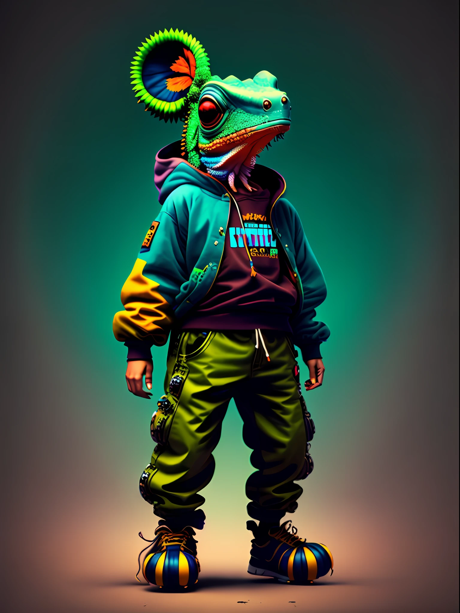 Image of a chameleon standing, wearing hip-hop style clothes, speakers, 90s style