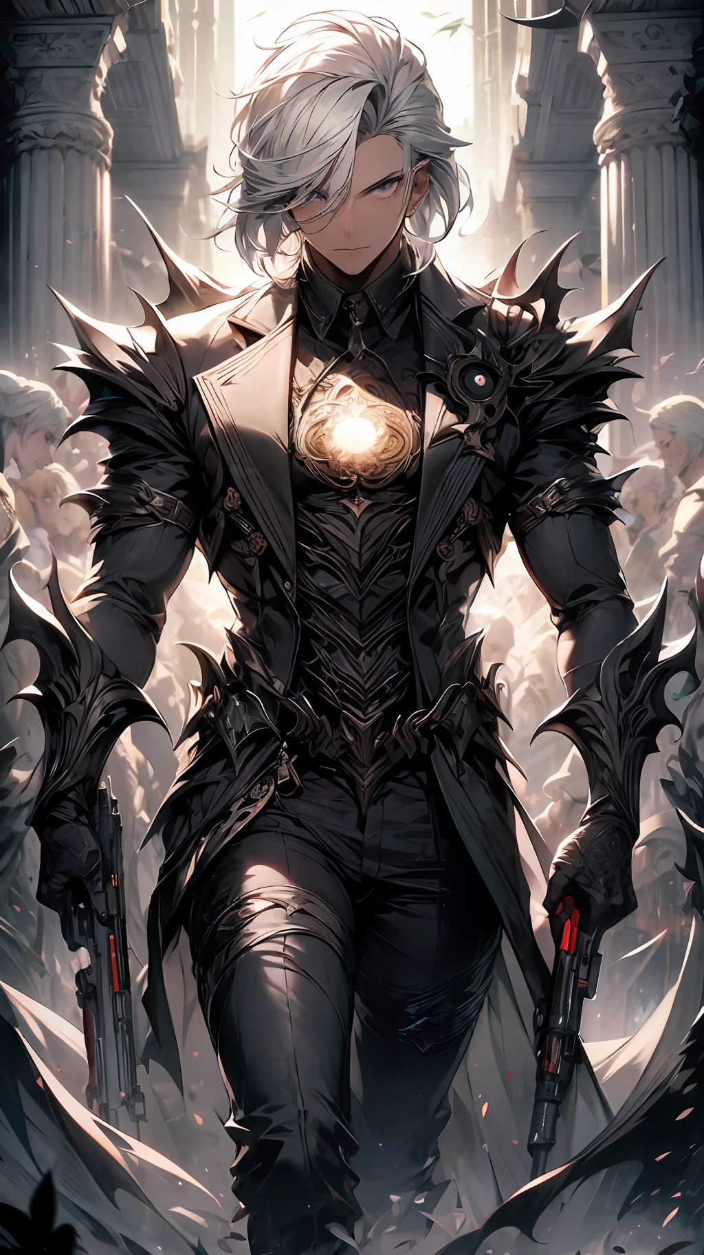 (absurdres, highres, ultra detailed, HDR), masterpiece, best quality, solo, a Male holding gun, magic gun, intricate gun, handsome, short hair, white hair, leather outfit, BREAK, Detailed face, Detailed eyes, Detailed nose, dark persona, light persona, fractal, full body, ceiling, artistic background, Bio-luminescence, geometric, Organic, blessing, favor, exalted, fantasy, celestial, sublime, noble, unfolding, unraveling, spiritual, dignified, magic circle, look at viewer