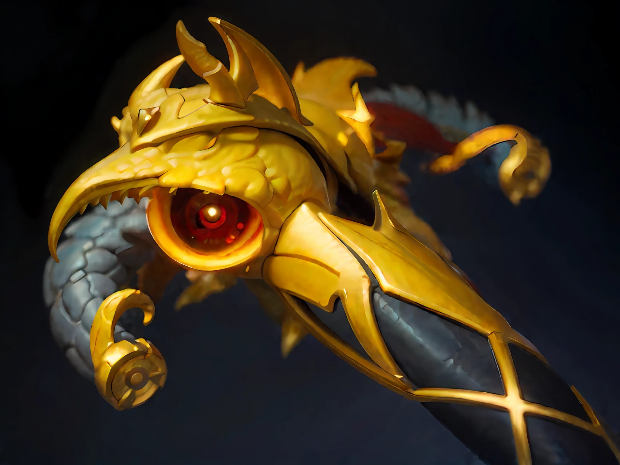 there is a close up of a statue of a dragon with a red eye, Ultra detail. Digital painting, 2 d concept art head macro shot, Fantasy Scythe, trending on polycount, artifact dota2, fantasy weapon, scythe design, epic fantasy weapon art, 4 K detail fantasy, painted in zbrush, rendered in keyshot, glowing draconic staff