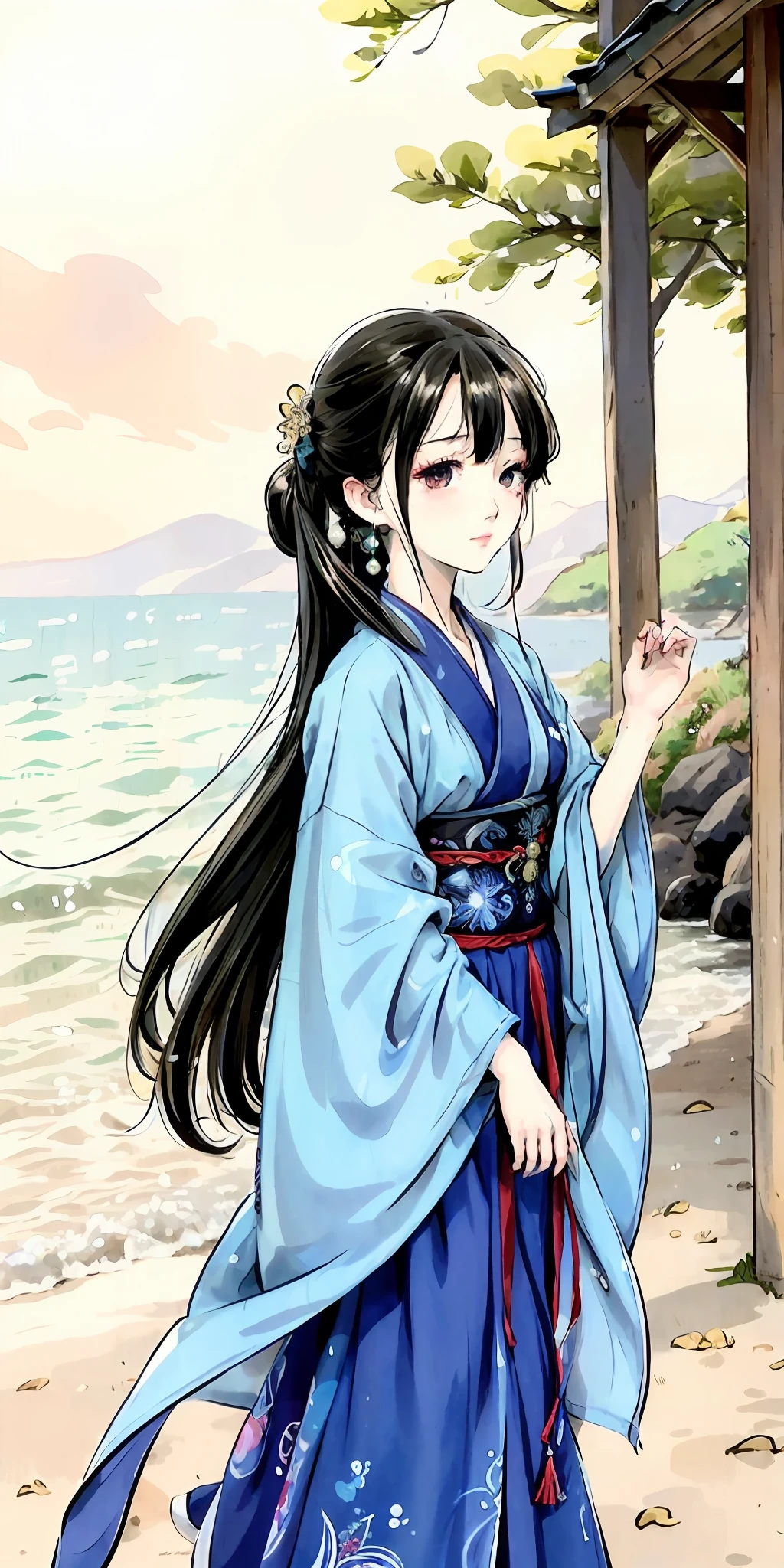 anime girl with long hair and blue dress walking on beach, palace ， A girl in Hanfu, komono, Official artwork, Japanese art style, Watercolor illustration style, anime illustration, a beautiful anime portrait, Middle metaverse, Beautiful anime style, Digital anime illustration, flowing hair and long robes, in a kimono, beautiful anime art style, Anime style illustration