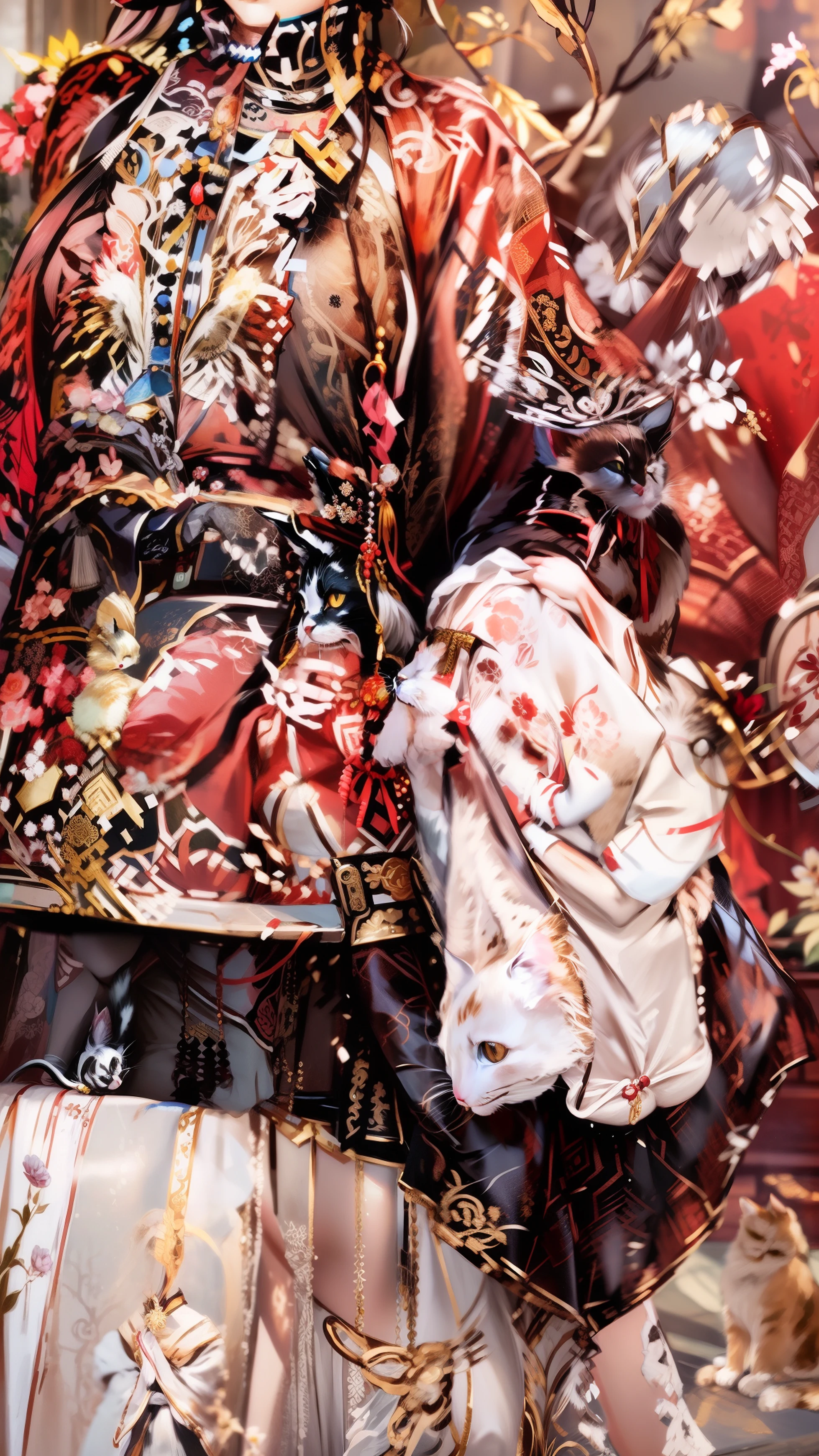 quaint，Elegant woman，Ming dynasty costumes，White color hair，By bangs，There is a cat on the shoulder