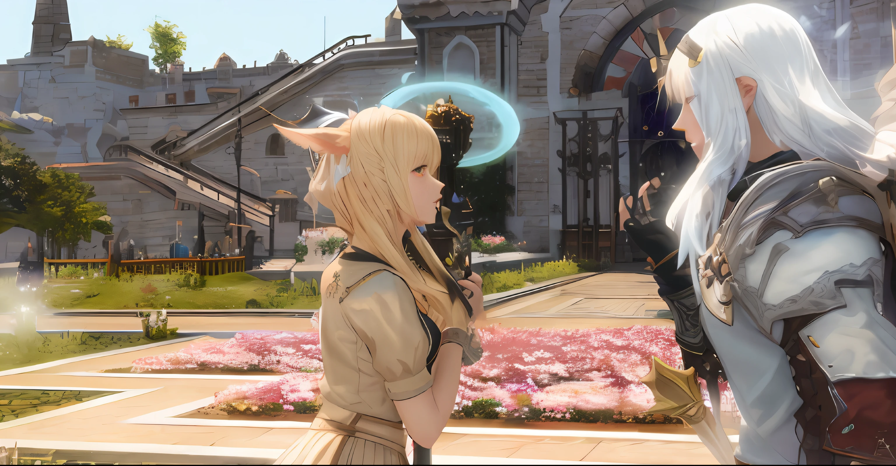 anime characters in front of a castle with a clock tower, final fantasy 1 4 screenshot, final fantasy 14 style, Final Fantasy XIV, final fantasy 1 4, tranding on pxiv, ffxiv, style of final + fantasy + 1 5, beautiful screenshot, Style game square Enix, final fantasy 14 sharp, Final Fantasy XIV: endwalker