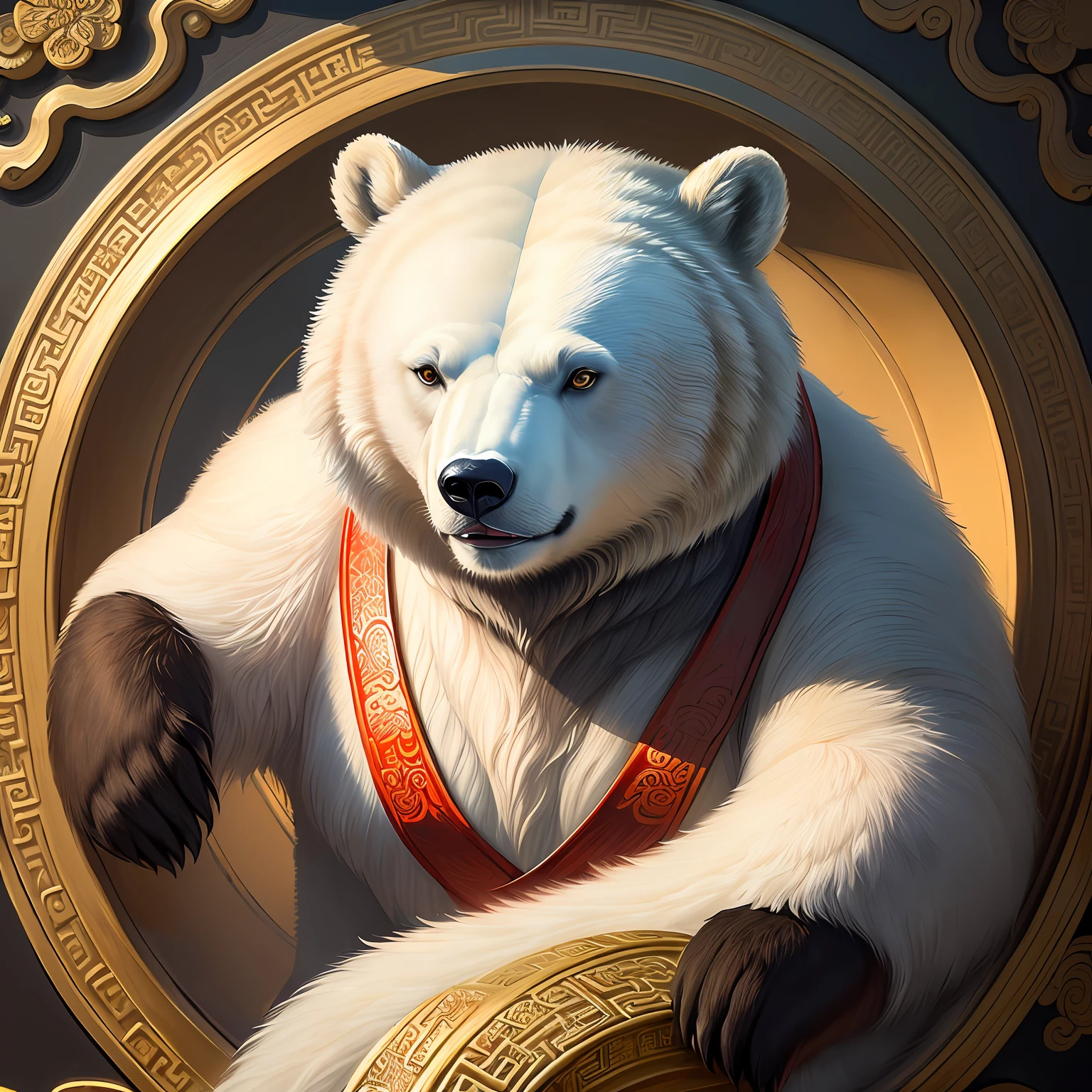 Close-up of an ancient Chinese adult polar bear, brown bear, main body is a bear, mural, fierce expression, ashura in Chinese mythology, ancient Chinese art style, Wen Boren, golden splendor, white Chinese bear fantasy, mythical creatures, Chinese bear concept art, ancient Chinese gorgeous, Chinese mythology, ink flowers, inspired by Puhua, an ancient creature, qigong, single close-up, with body, Qing dynasty painting, traditional painting, intricate detail painting, the best quality, masterpiece, very delicate and beautiful