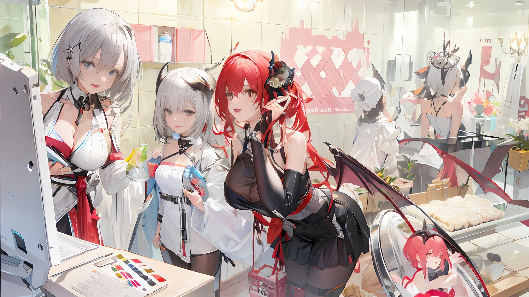 anime characters in a bathroom with a mirror and a sink, 《azur lane》role, azur lane style, From Arknights, A scene from the《azur lane》videogame, WLOP and Sakimichan, trending on cgstation, succubus in tight kilt, a beautiful succubus, from girls frontline, trending on artstation pixiv, visual novels CG