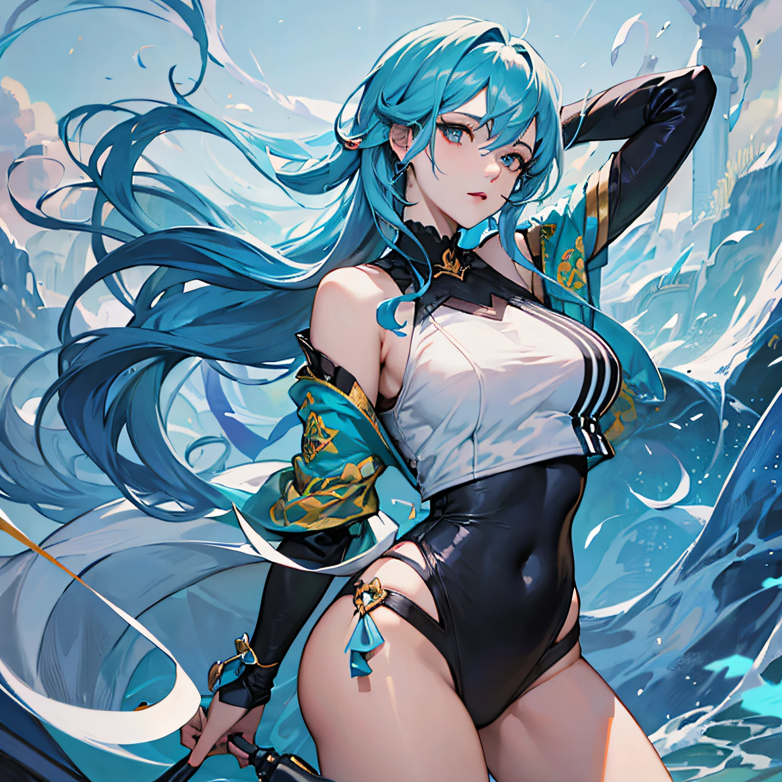 1girl， （Solo exhibition：1.2）， （（tmasterpiece））， （shadowing）， [slim]， （Large breasts）， （（Sharp focus））， paleskin， （（Detailed eyes））， （vague background）， dynamicposes， dynamic angle， Hososhima-cho Mizunari， blue  hair， ponytailhair --auto