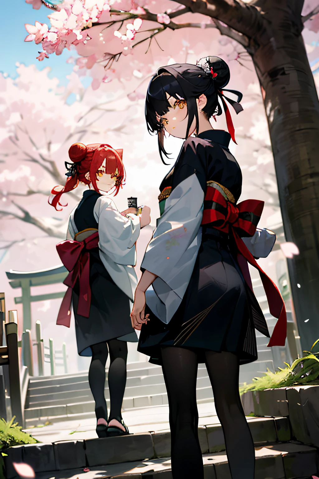 ((masterpiece,best quality)),2girls, black kimono, black legwear, black ribbon, black hair, cherry blossoms, day, flower, hair bun, hair ribbon, japanese clothes, kimono, long hair, looking at viewer, looking back, multiple girls, obi, outdoors, red eyes, red hair, ribbon, sandals, single hair bun, stairs, standing, statue, torii, tree, white kimono, yellow eyes