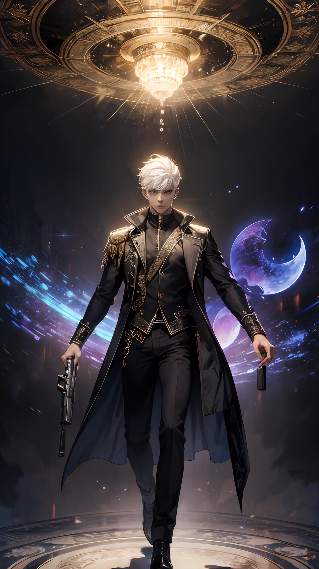 (absurdres, highres, ultra detailed, HDR), masterpiece, best quality, solo, a boy holding gun, magic gun, intricate gun, handsome, short hair, white hair, detailed face, leather outfit, BREAK, dark persona, light persona, fractal, full body, ceiling, artistic background, Bio-luminescence, geometric, Organic, blessing, favor, exalted, fantasy, celestial, sublime, noble, unfolding, unraveling, spiritual, dignified, magic circle, look at viewer
