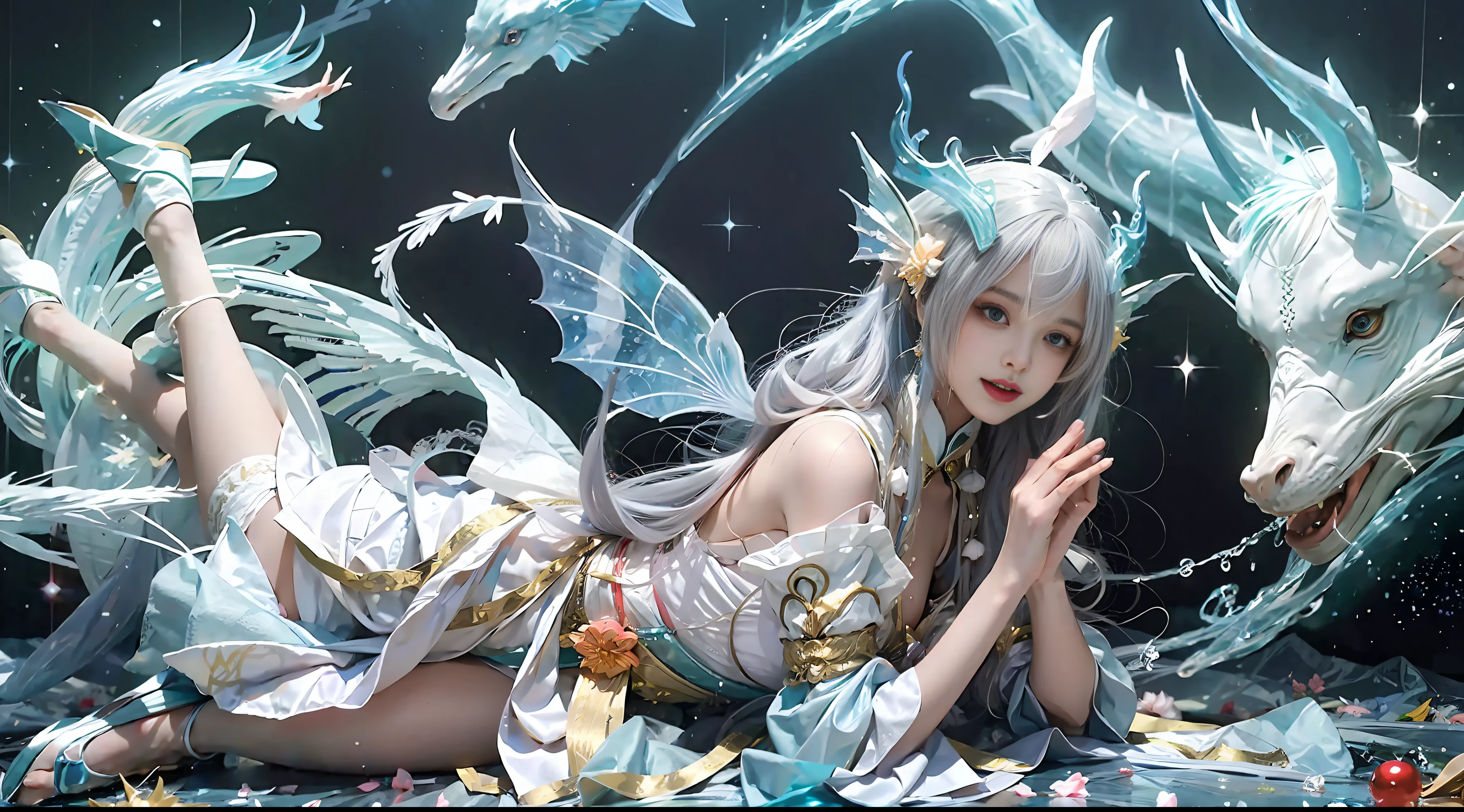 Close-up of women in costumes on stage, full body fairy, beautiful celestial mage, stunning young ethereal characters, beautiful fantasy queen, astral witch costume, Shaxi, flowing magic robe, white Hanfu, fairy fantasy, beauty Delfin, ethereal fantasy, elegant and charming cosplay, Hirase Jinyao, half lying on the ground, charming and colorful, very coquettish