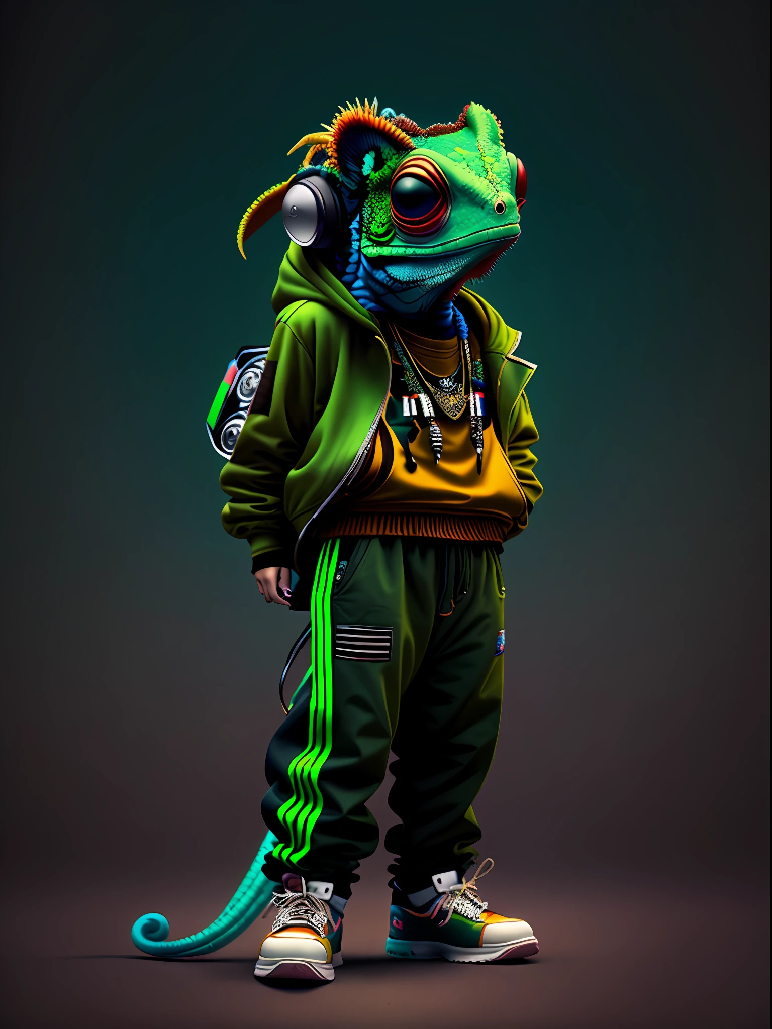 Image of a chameleon standing, wearing hip-hop style clothes, speakers, 90s style