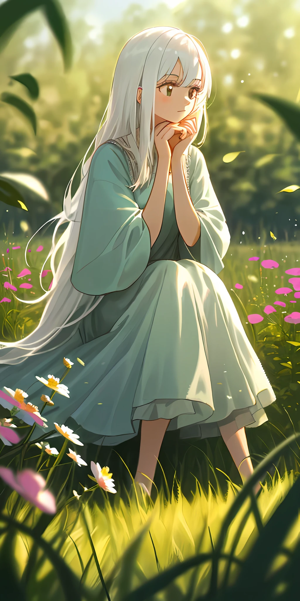 (Masterpiece, best quality), 1 long girl with white hair sitting in a field of greenery and flowers, her hands under her chin, warm light, nudity, blurred foreground