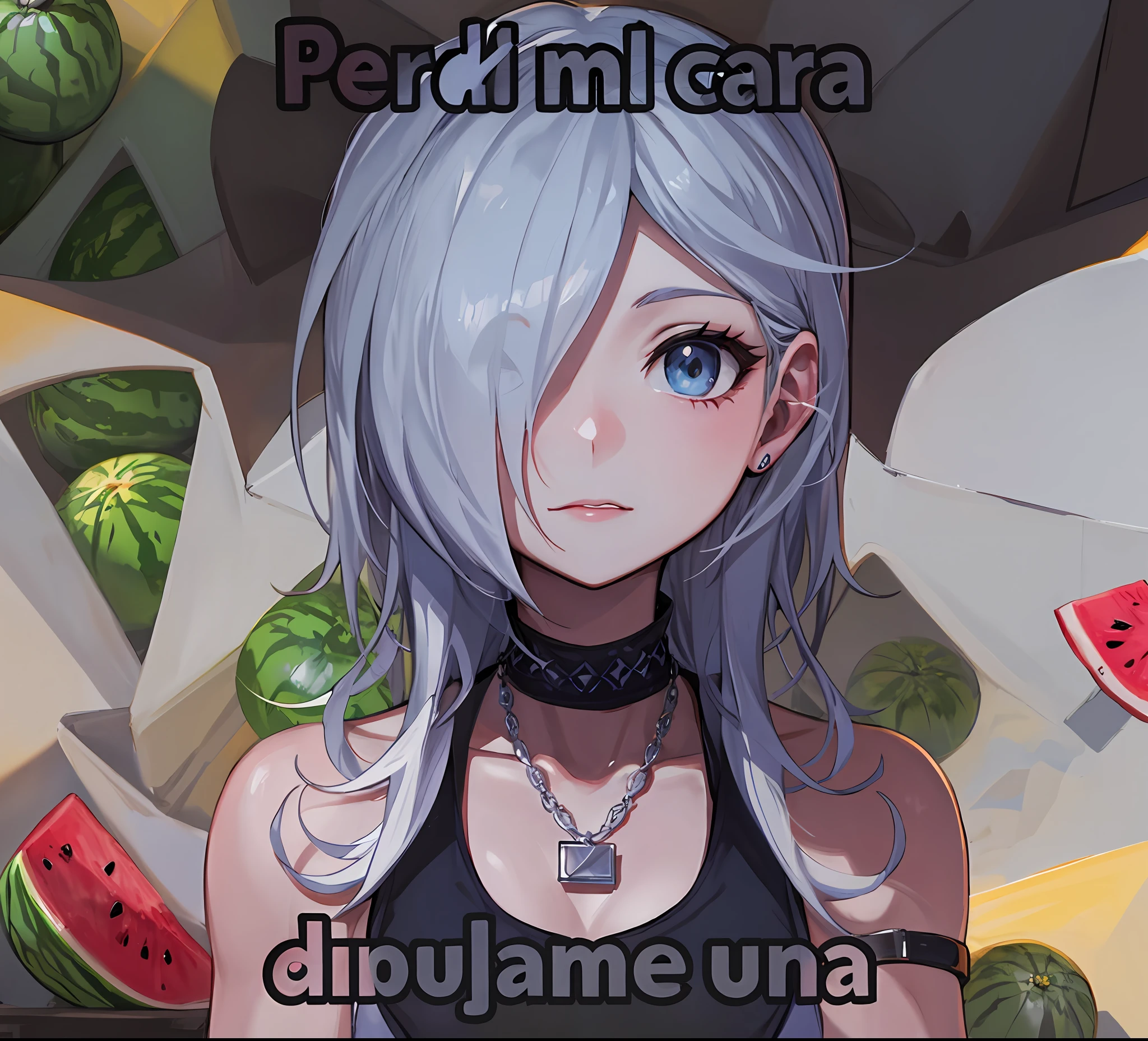 anime girl with white hair and a necklace standing in front of a watermelon, 2b, 2 b, Una chica tiene el pelo blanco, umamusume, Deny autoamata, Tifa Lockhart con pelo blanco, Neferpitou, Deidad de pelo blanco, Chica perfecta de pelo blanco, Gapmoe Yandere, inspired by Glòria Muñoz, waifu