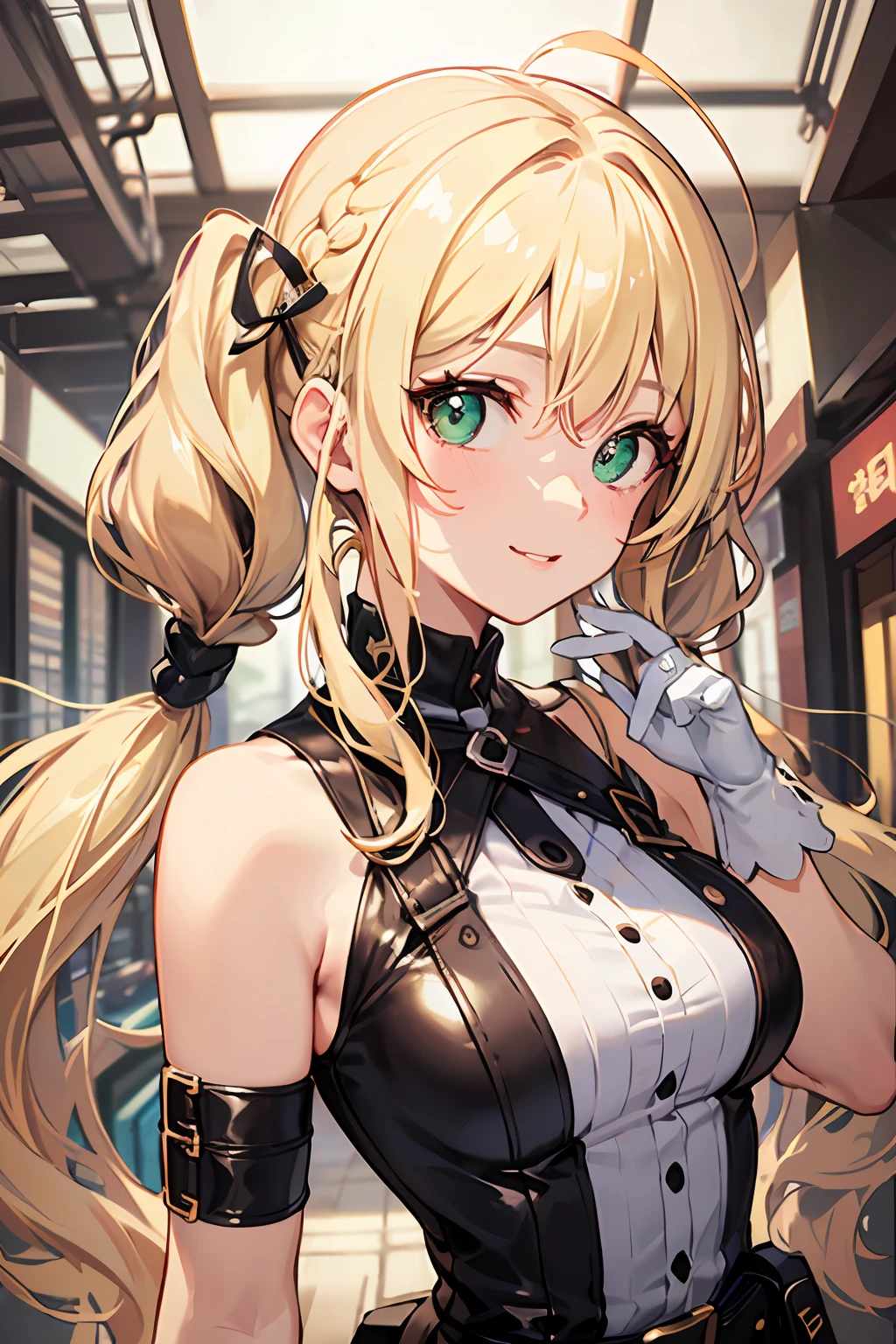 (NSFW:1.2)(best quality, masterpiece, highres,e:1.2)(kawaii)(Beautiful face)(Petite:1.4 ), ((Blonde hair:1.4),Wavy hair, Hair Between Eyes, ((low twintails:1.4)), Braids , side locks, Ahoge, flipped hair )hair ornaments,(Green eyes:1.2) ,Steampunk, (London street fashion:1.1)engineer,(white sleeveless sundress:1.4), Belt, Bracelet , (Leather gloves:1.4)(tighstrap)(Looking up:1.2) ,Cowboy Shot,(Dynamic Angle, (close to viewer:1.2), Focus Face, fish-eye lens,(white back)),(hands on own face),light smile