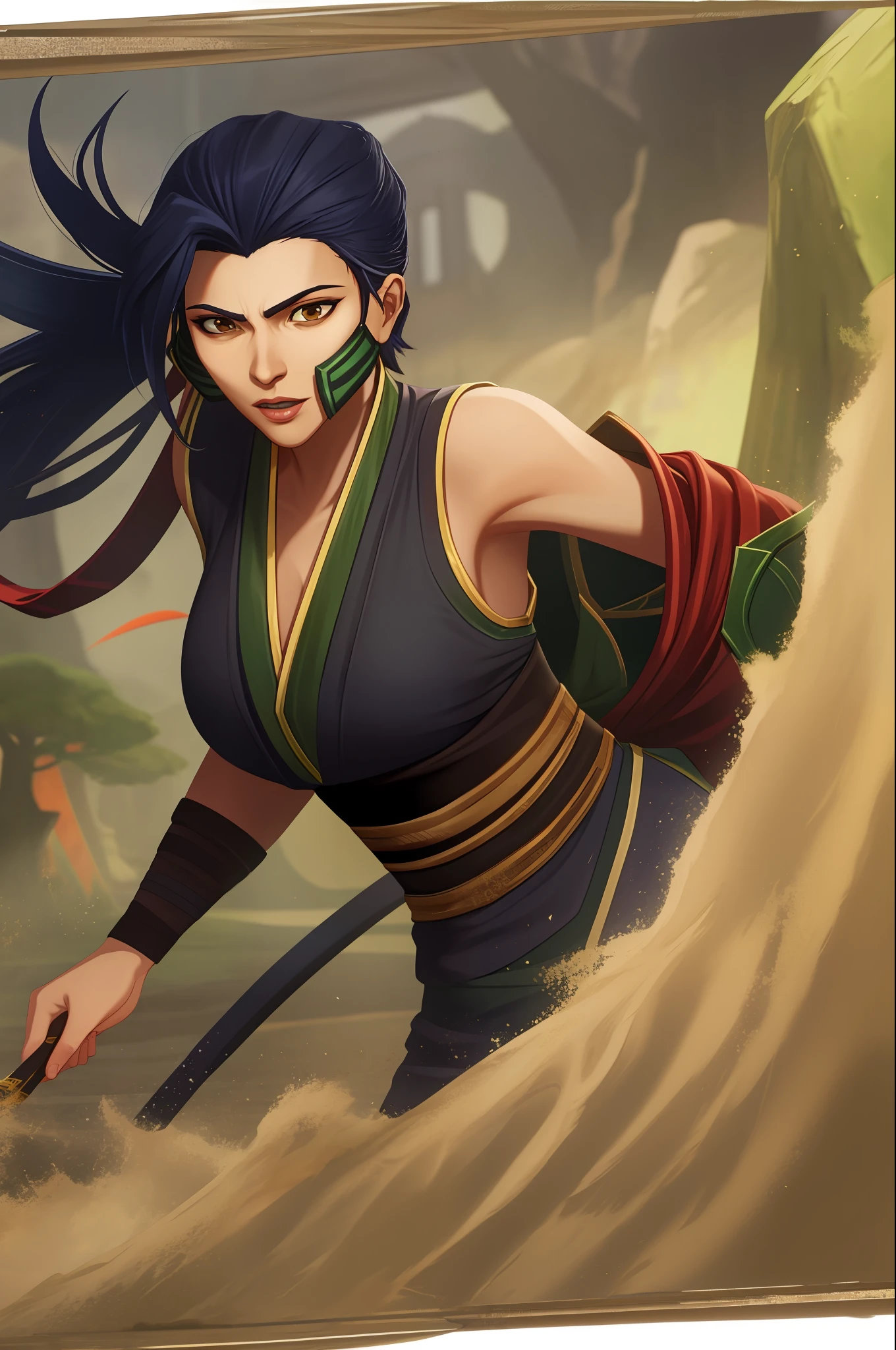 upper body, masterpiece, woman, middle breasts, akali league of legends, solo, short hair, black hair, wearing ninja mask, (akali \(league of legends\):1.3), brown eyes, arcane style, best quality