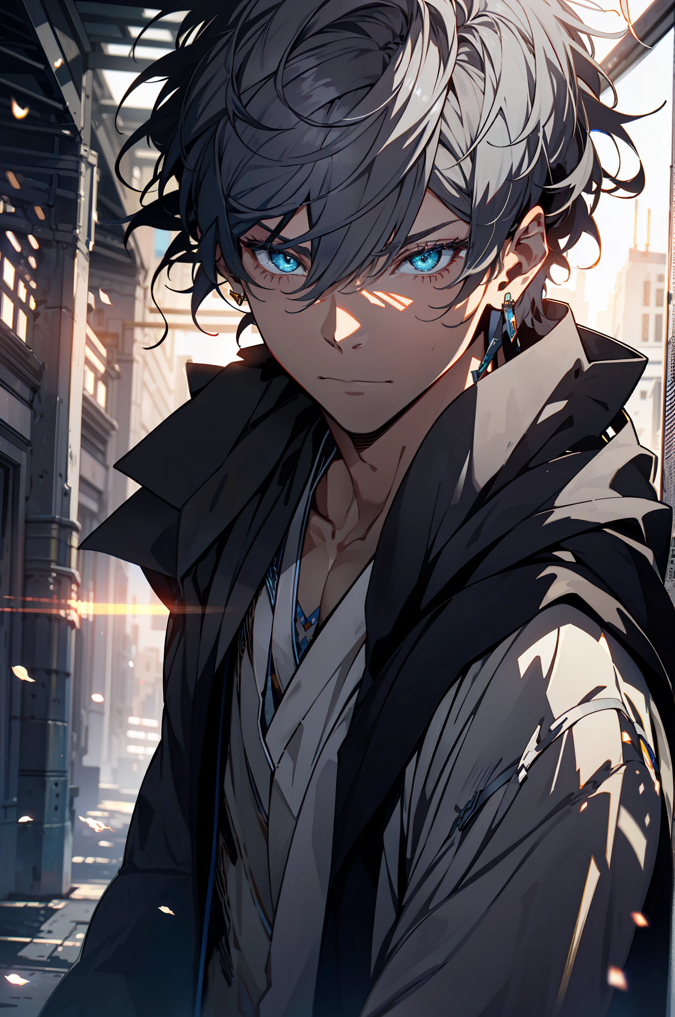 ,Clean design,Mature male epic Instagram,art stations,Colorful paint splashes,contours,Hyper-detailed intricate details,unreal-engine,fanciful,Complicated details,splash image,complementary colours,fantasy concept art,8K分辨率,A masterpiece of deviantart,oil painted,Heavy strokes,paint drips,(Isolate on a white background:1.3),Rainbow skins,(((A handsome young))), ( (glow blue eyes), ((Eyes have light)),((((Short gray hair:1.1))), ((black-clad)), Indifferent expression\\),, (((Wearing a luxurious black robe with high details))), A head of white hair,(chest muscle) Two-dimensional masterpiece Maximum image quality 1080p Single black and blue long-haired boy, Messy hair, musculature, Earrings。handsome, Cold, half-body portrayal close-up, Clear face, clear and delicate eye description, Detailed face description, two-dimensional male correct facial features, correct eye proportions。 巨作, best qualityer, ultra detailed,an extremely delicate and beautiful, beautiful meticulous eyes, detailed light beautifully +Firefly 1boy robe shinelight lighting particle, illustration.watercolor colorful beautifully painted --v 6