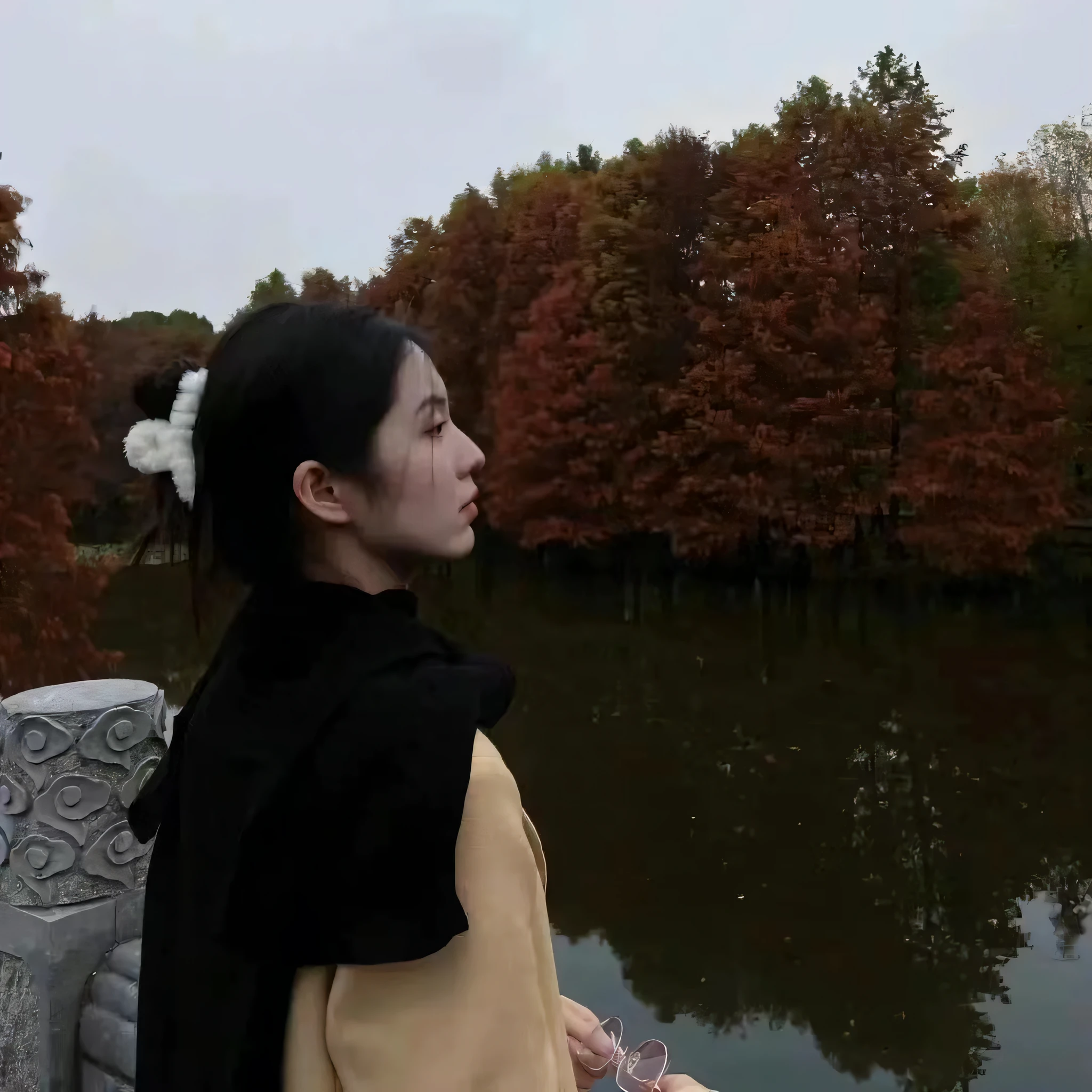 By the lake in the park，There was a girl in Hanfu sitting quietly，in fall, the queen is full of grace，High nose bridge and graceful curves，Very cute Black Autumn Princess，Surrounded by pristine nature，Just echoes her noble temperament，This is a high-quality piece of material。