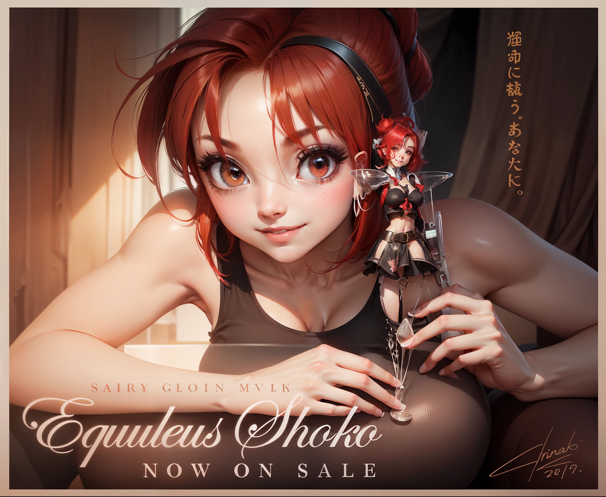 1girl、teens girl、a beauty girl、Handsome、middle school girl、breasts、lagre_breasts、big_breasts、under_wear、full under_wear、black_tank_top、rating:safe、solo、smile、dated、red_hair、short_hair、ponytail