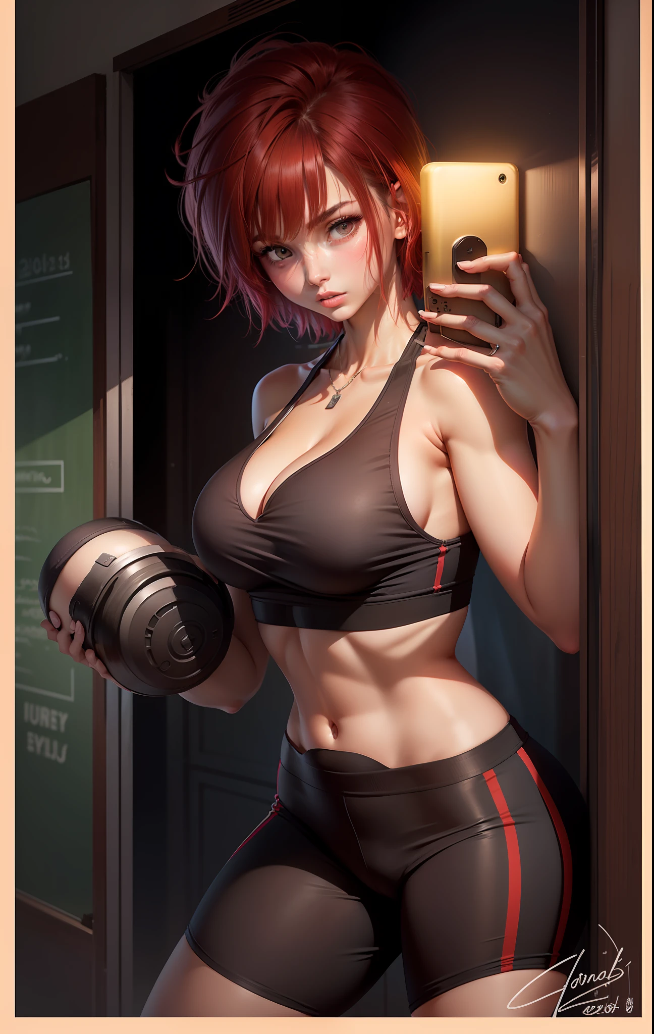 1girl、teens girl、a beauty girl、Handsome、female high-school student、rating:safe、breasts、navel、solo、Sports_bra、black_Sportsbra、croptop、cleavage、large_breasts、big_breasts、red_hair、short_hair、clothes_around_waist、midriff、signature