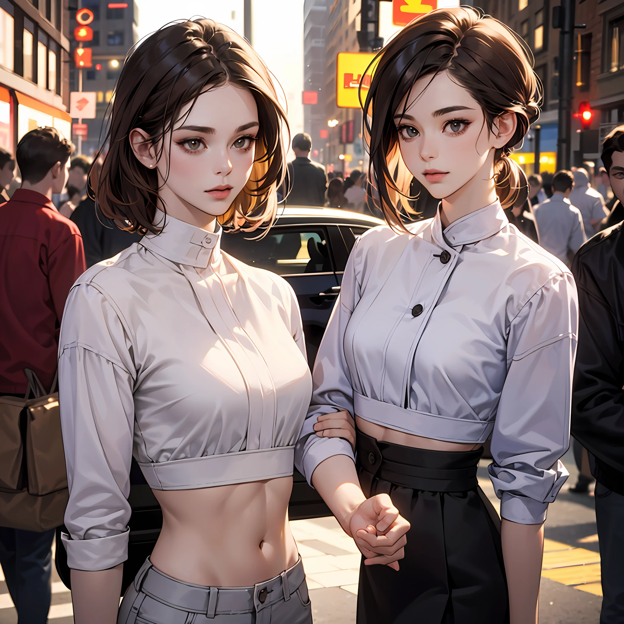 ((Realistic lighting, Best quality, 8K, Masterpiece: 1.3)), Clear focus: 1.2, 1girl, Perfect Figure: 1.4, Slim Abs: 1.1, ((Dark brown hair)), (White crop top: 1.4), (Outdoor, Night: 1.1), City streets, Super fine face, Fine eyes, Double eyelids, --auto