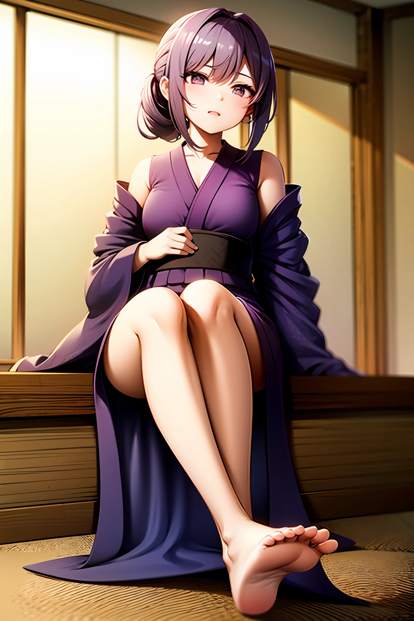 Beauty purple hair Soles of feet facing the camera Two-dimensional Shyness Long ponytail Kimono