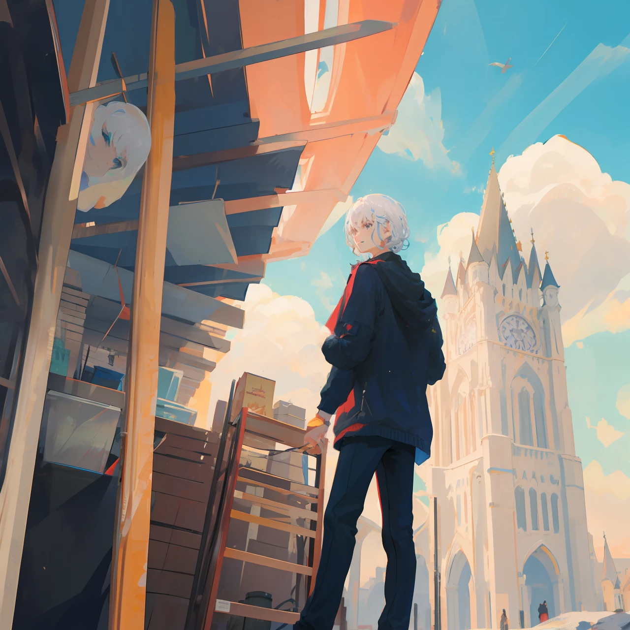White hair panorama curly short hair jk sky classical art