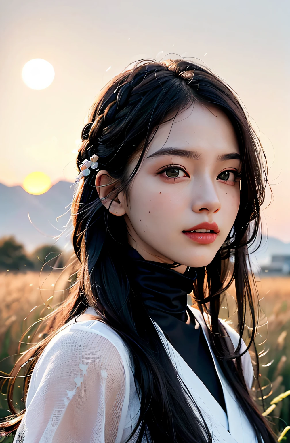 best qualtiy、masterpiece、photoRealstic、intricate-detail、Raw foto、Photon Rendering、Octane Rendering、absurderes、ultra-detailliert、A detailed face、Detailed skin、Trending in art stations、8K Masterpiece、lighting like a movie、( (1girl in))、((独奏) ))、((Behold))、CG Social Trends、Plastic En、((Black Long Hair))、((Beautuful Women))、(A smile)、show the grinps、Upper teeth、Fashionable、summer clothing、Hair that flutters in the wind、((Flowing hair))、fashion magazine、((lighting like a movie))、((grass field))、((the setting sun))、((evening glow))、Cap cap、