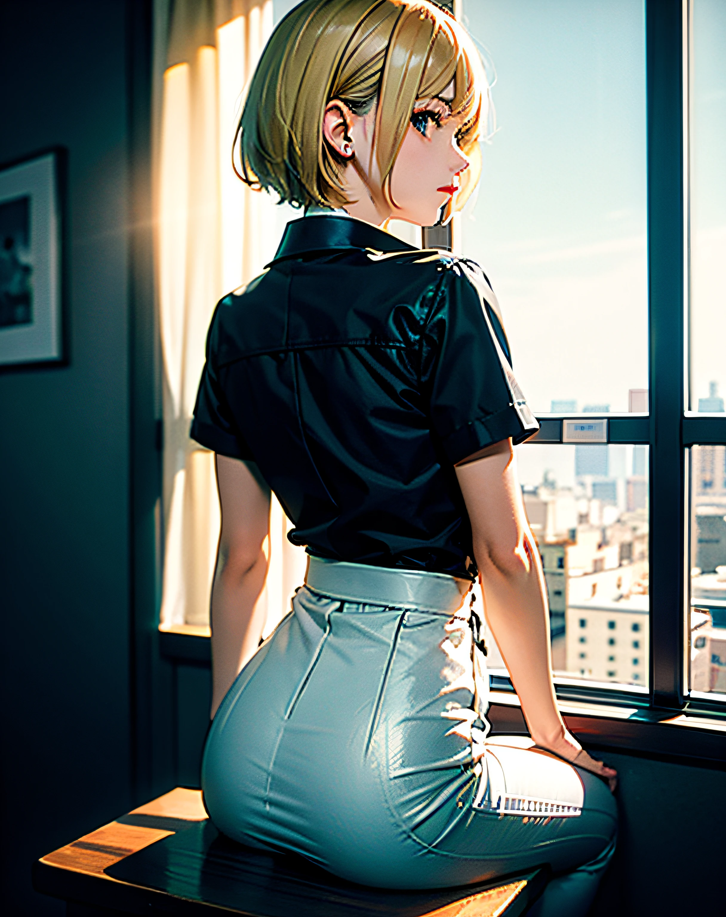 ((masterpiece、finely best quality、ultra-detailliert、超A high resolution、detailedbackground))、(natta)、(far away)、Chiaroscuro、cafes、inside the house、solofocus、pov、(by the window)、(arm support)、1girl in、Turn your back、short blonde hair、Distracting、sitting on、Cross-eyed、Black collared shirt、(looking at away)、Street space、neon light、