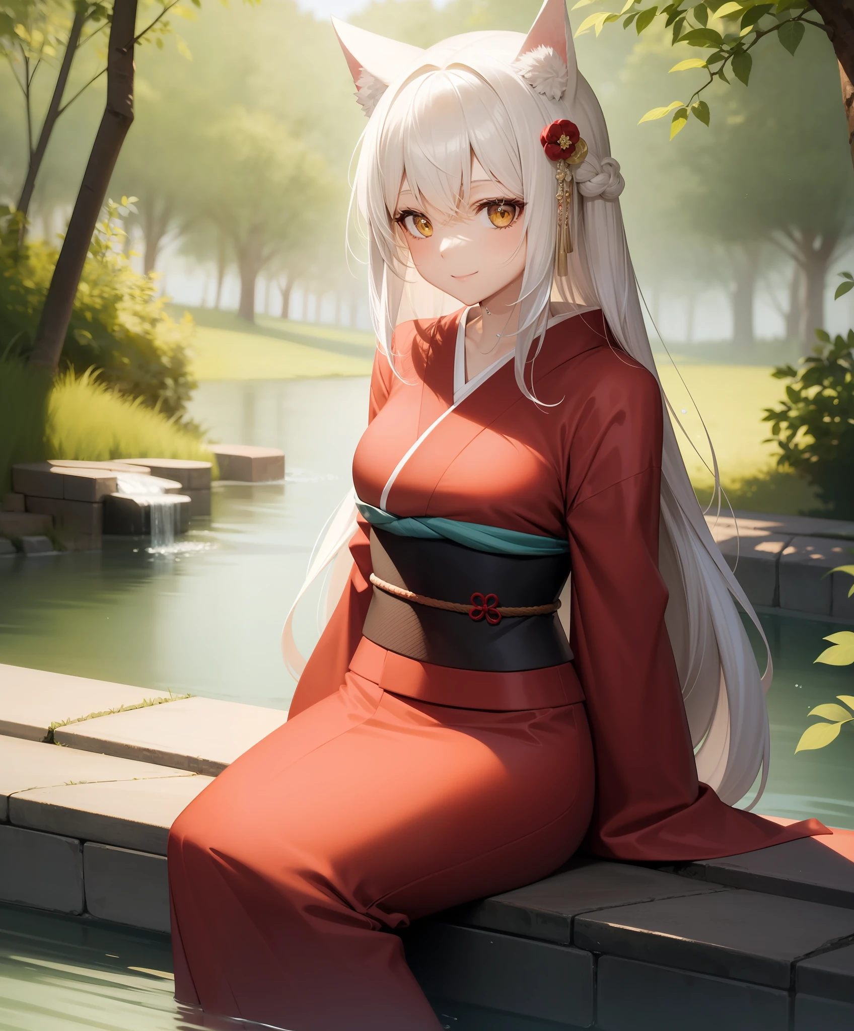 1girl, yellow eyes, long hair, white hair, sitting, red kimono, light smile, arms behind back, nature, hair ornament, animal ears, water,