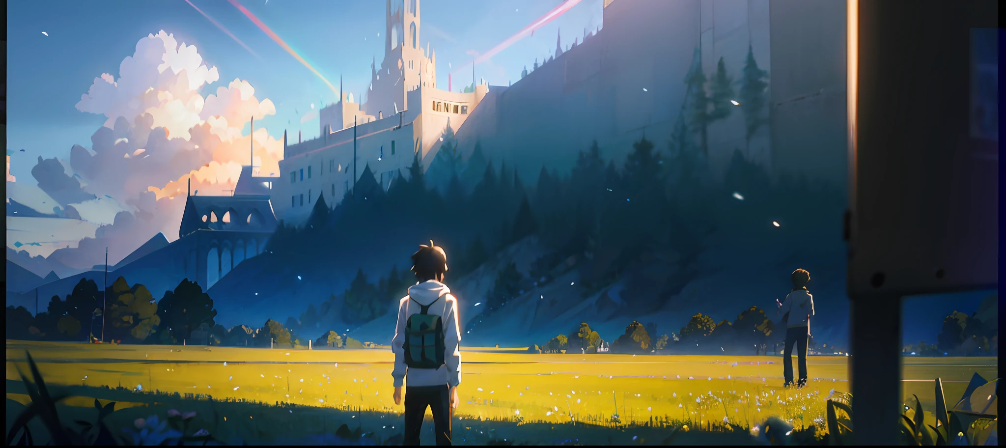 There is a painting,The painting is of a boy standing in a field, ( ( Makoto Shinkai ) ), Makoto Shinkai!!, Makoto Shinkai!, makoto shinkai movie, Makoto Shinkai. —h 2160, anime still film anime shikishi, in the style of makoto shinkai, screenshot from the anime film, anime film still