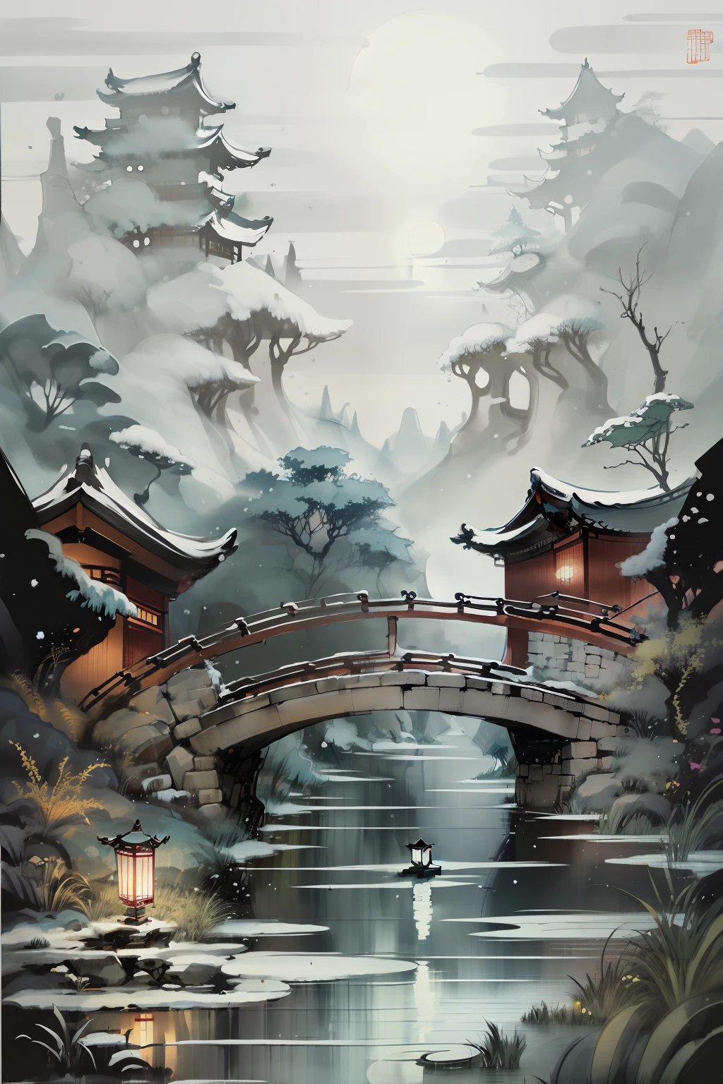 masterpiece,best quality,Chinese martial arts style,an snowing asian night scene with lanterns and water lilies,asian pond with many lanterns and boatsa night scene with many lights and boats in the water, snowflakes ,Lake surface, lotus flowers,beautiful night scene,(((Chinese martial arts style))), with vast sky, continuous mountains and steep cliffs, ink wash style, outline light, atmospheric atmosphere, depth of field, mist rising, bamboo, pine trees, octagonal stone pavilion, waterfall flowing water,big full moon,(No color) , Monochrome, light color,