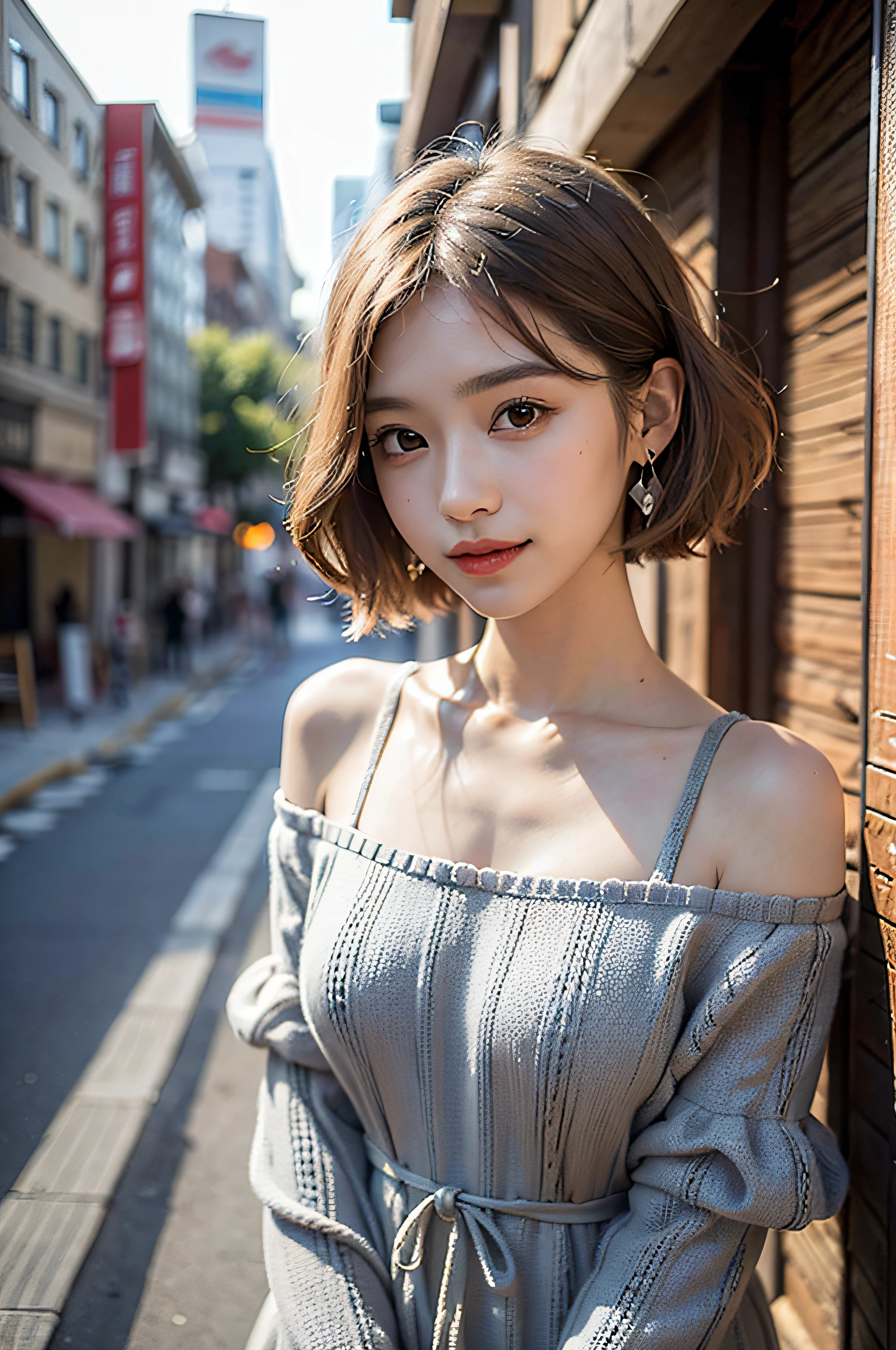 (delicate illustration:1.3)、(masterpiece:1.0)、(beste-Qualit:1.4)、(The ultra-Highres:1.2)、(Hphotorealistic:1.4)、(8K、Raw photography:1.2)、(foco nítido:1.3)、fullllbody、(23years old:1.4)、(((One girl wearing a detailed off-shoulder knitted dress)))、((Girl with short bob hair))、(((Girl with gray hair color)))、(Brightly colored clothing)、(Fashionable patterned clothes)、(((urban backdrop)))、((Brown contacts white skin))、鎖骨、hugetits、(Happy smiling face)、landscapes、bangss:1.2、beautiful detailed eye、(sface focus)、 When you look into the camera、Slimed、Slender West、Thin leg、(cute little)、(Beautiful fece)、showing the view from above、pureerosface_v1、ulzzang -6500-v1.1