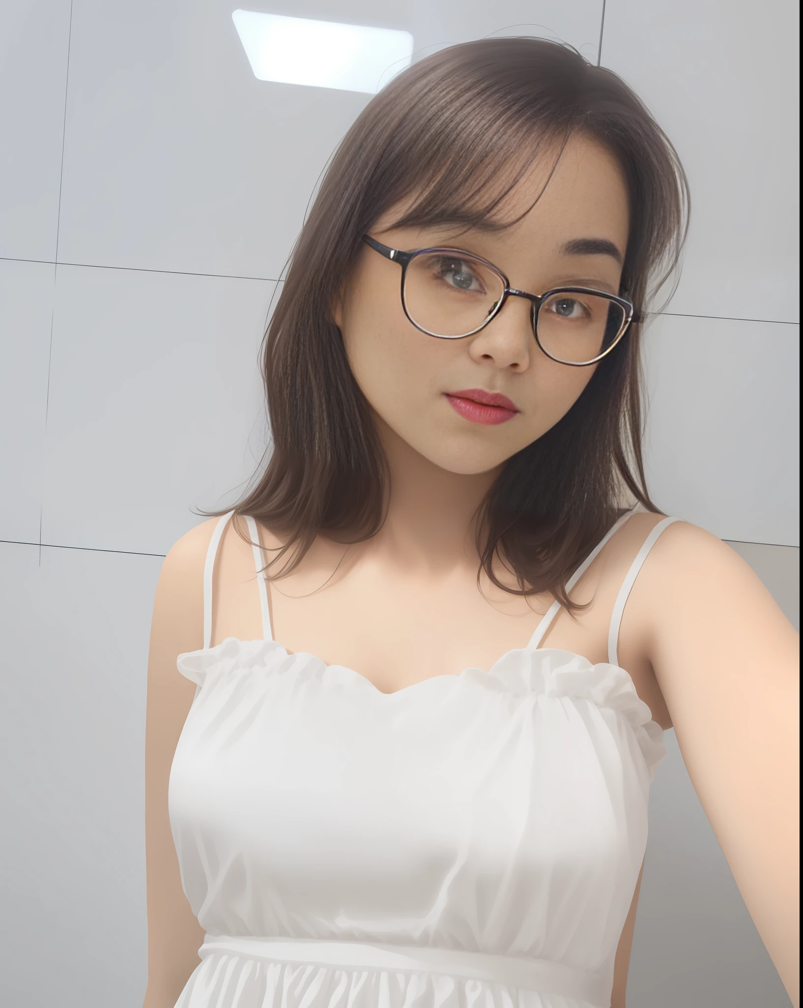 Girl taking a selfie,wears a white dress,Mobile phone in hand,Some have large,Wearing glasses,18yr old,The upper part of the body