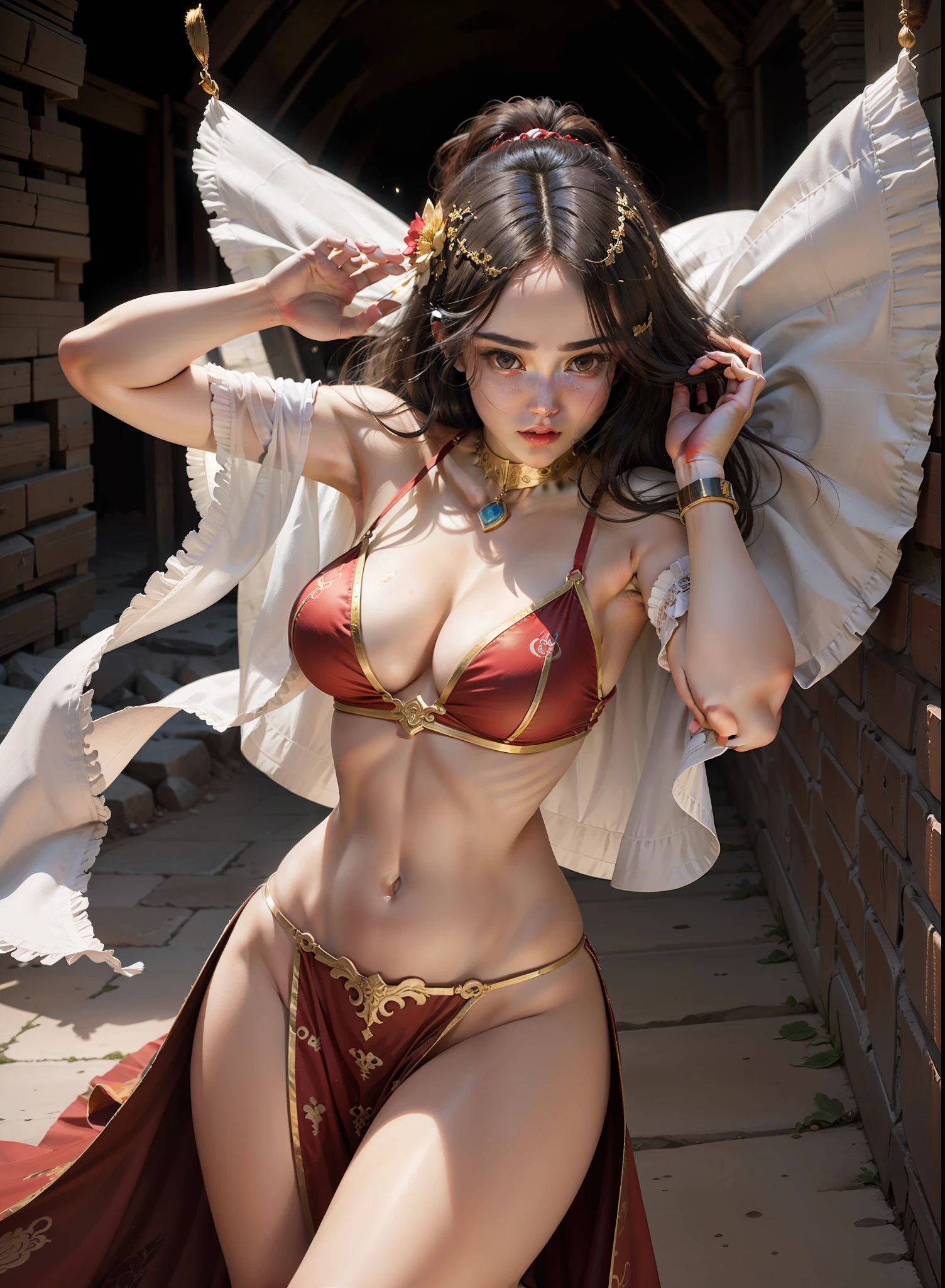 (8k, RAW photo, best quality, masterpiece:1.2), (realistic, photo-realistic:1.4), (extremely detailed CG unity 8k wallpaper), (1 girl:1.5), Western beauty, (Red clothes: 1.4), red spots on forehead, pale skin, blush, big eyes, full body, thighs, open navel, gold waist chain, gold jewelry, flying ribbons, particles, background is Loulan ancient city, ancient city wall, desert, dance, dunhuang_dress, dunhuang_style,