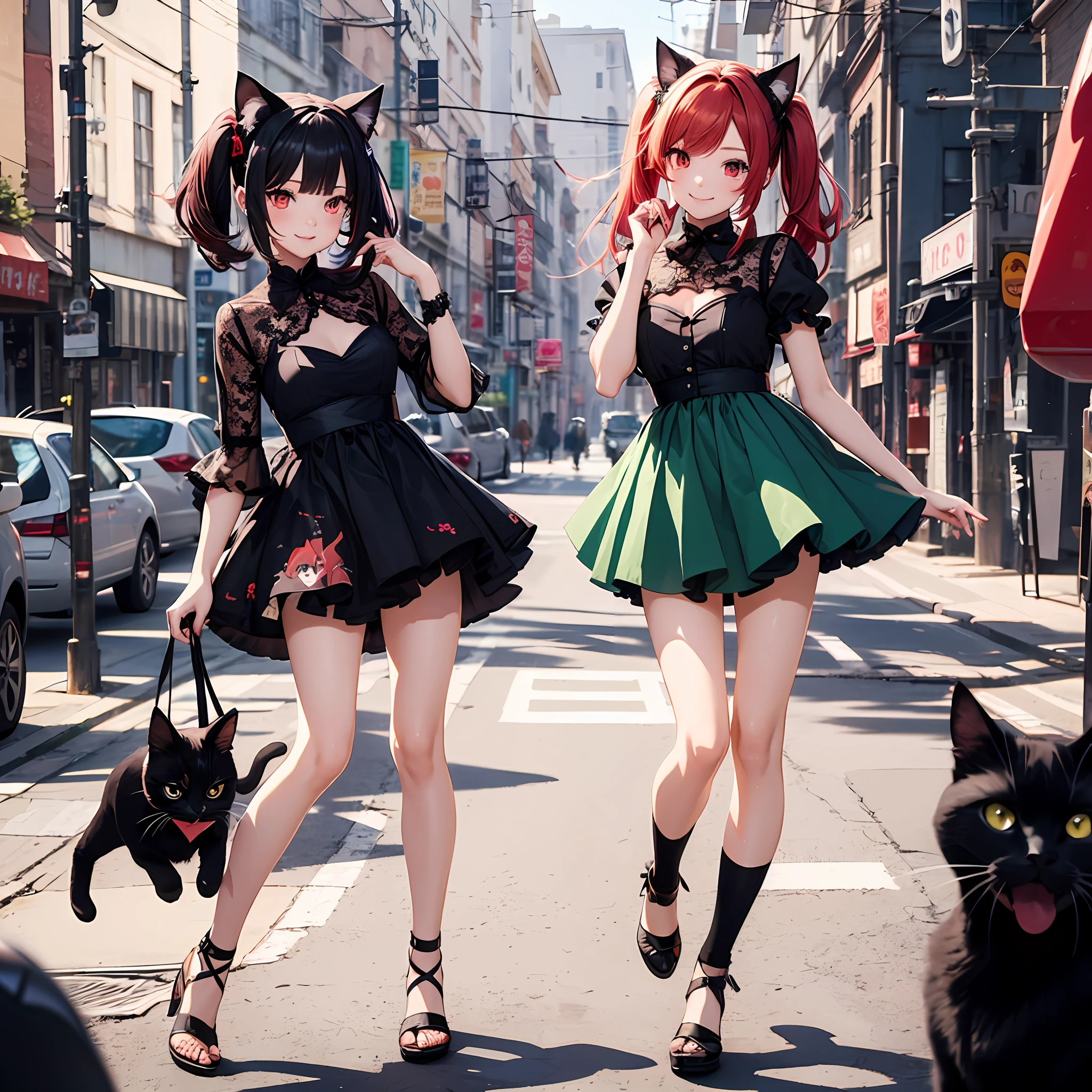 Anime filling,Two-dimensional illustration,Red-haired,Half Twin Tail,shorth hair,Big eyes,A smile,a beauty girl,cute little,Super Cute,Black cat ears,Red Eyes,Ruffled Clothes,Black lace clothes,Inner colorGreen,One girl,Full body painting,teens girl --auto