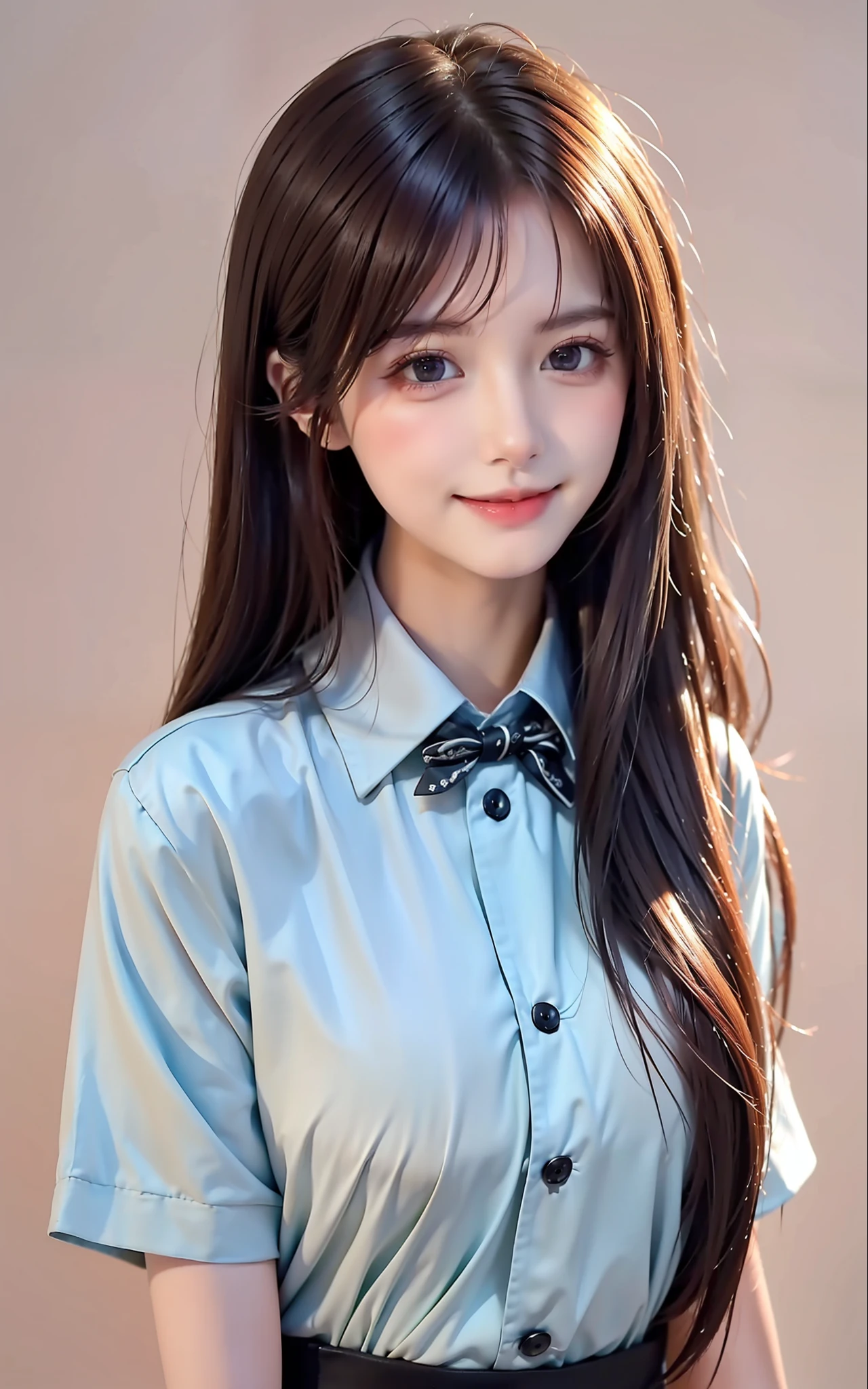 A close up of a woman wearing a blue shirt and black skirt - SeaArt AI