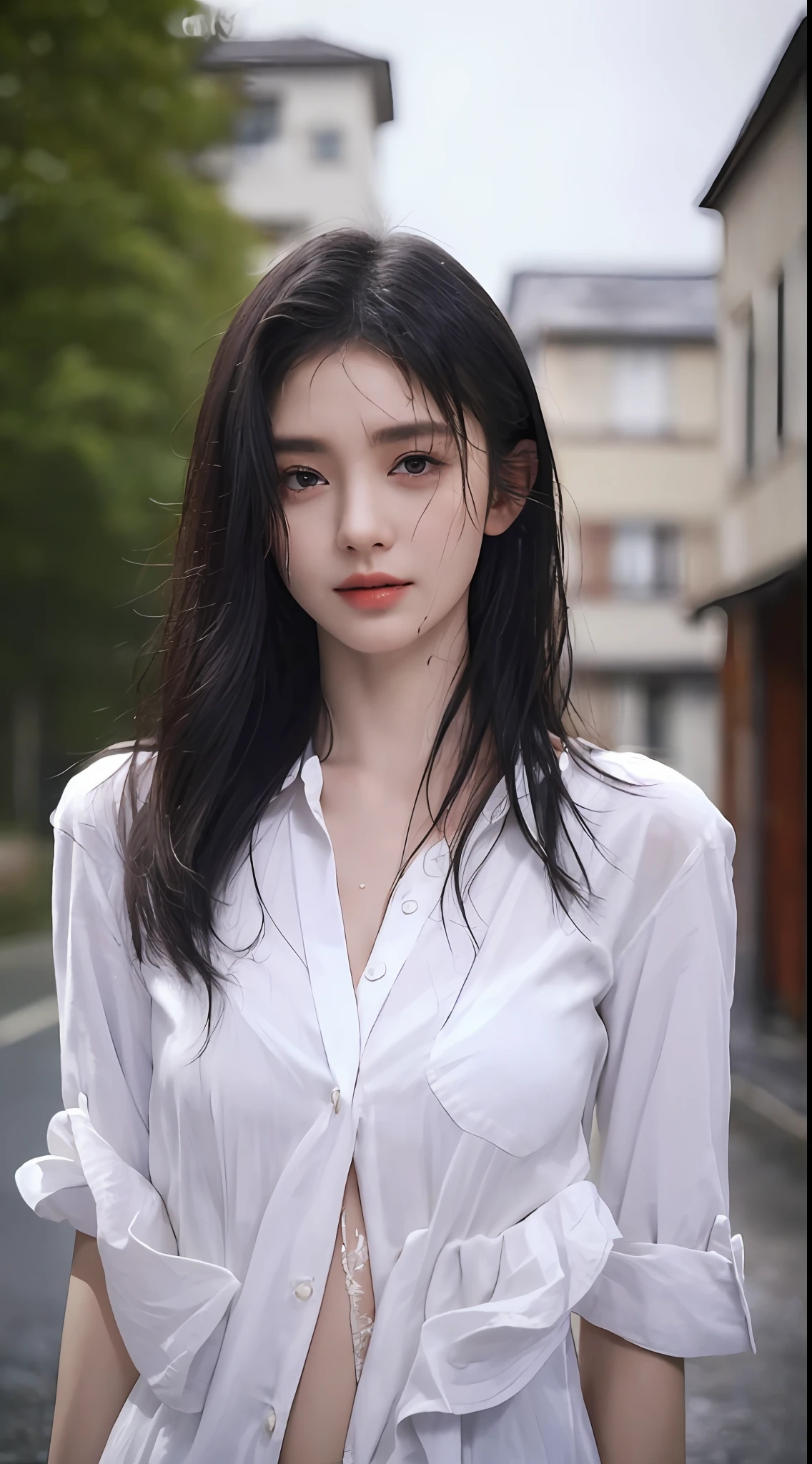 ((Best quality, 8k, Masterpiece :1.3)), Sharp focus :1.2, A pretty woman with perfect figure :1.4, Slender abs :1.2, ((Layered haircut, Big breasts :1.2)), (Wet white button up long shirt :1.1), (Rain, Street:1.2), Wet body :1.5, Highly detailed face and skin texture, Detailed eyes, Double eyelid