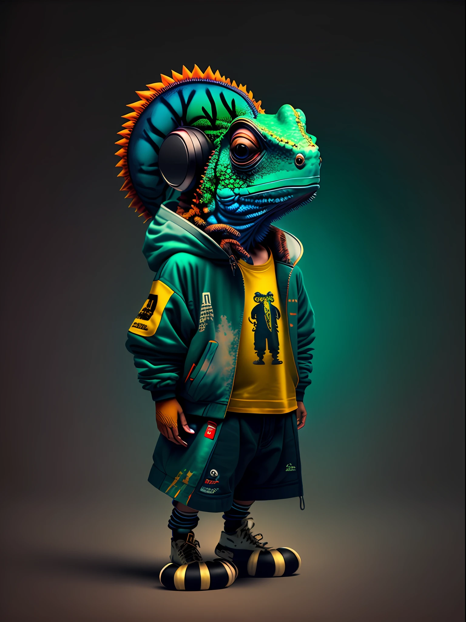 Image of a chameleon standing, wearing hip-hop style clothes, speakers, 90s style