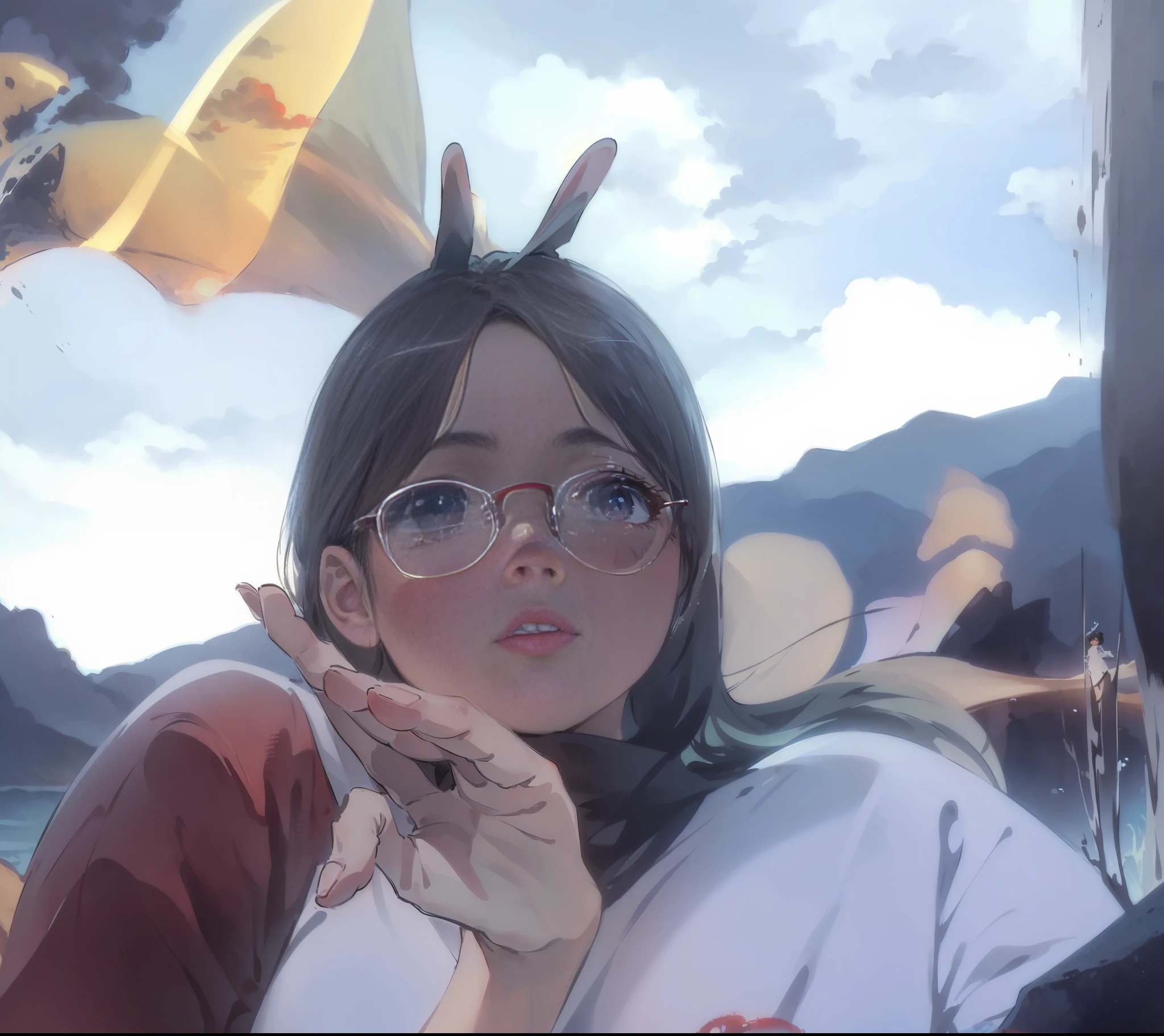 (Ultra HD CG unity wallpaper,A masterpiece of beauty,Attention to detail)(Soft light and shadow,Delicate performance,It's cute)(1girll),(eye glass,Cute baby face),(Floating at the edge of the cloud,The wind blows slightly),(Relax and gaze,Dynamic posture),(whitet-shirt,denim pant,Comfortable and casual)(Sunset,The sky is searing red,Magnificent)(Ink depiction,Gentle ripples,Subtle water marks)(Cloud perspective,Shoot ultra-long shots,Stunning landscape)