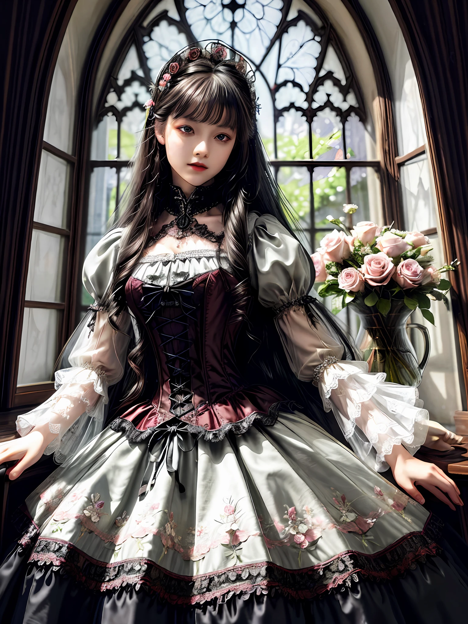 realistic, photorealistic, masterpiece, best quality, 1girl, long black hair, solo, standing, in castle, night, looking at viewer, lolita_dress, black pantyhose, long dress,(pureerosface_v1:0.8),