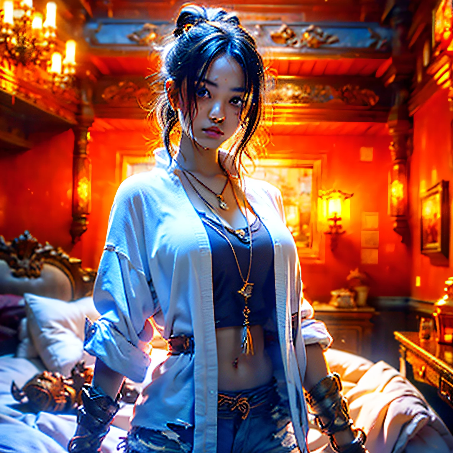 (top Quority,8K,tmasterpiece:1.3),Pretty Women with Perfect Figure:1.4,black color hair,The large,Wear a pendant,Torn shorts,in a bedroom,Very detailed face and skin,Detailed eyes,二重まぶた,duet --auto
