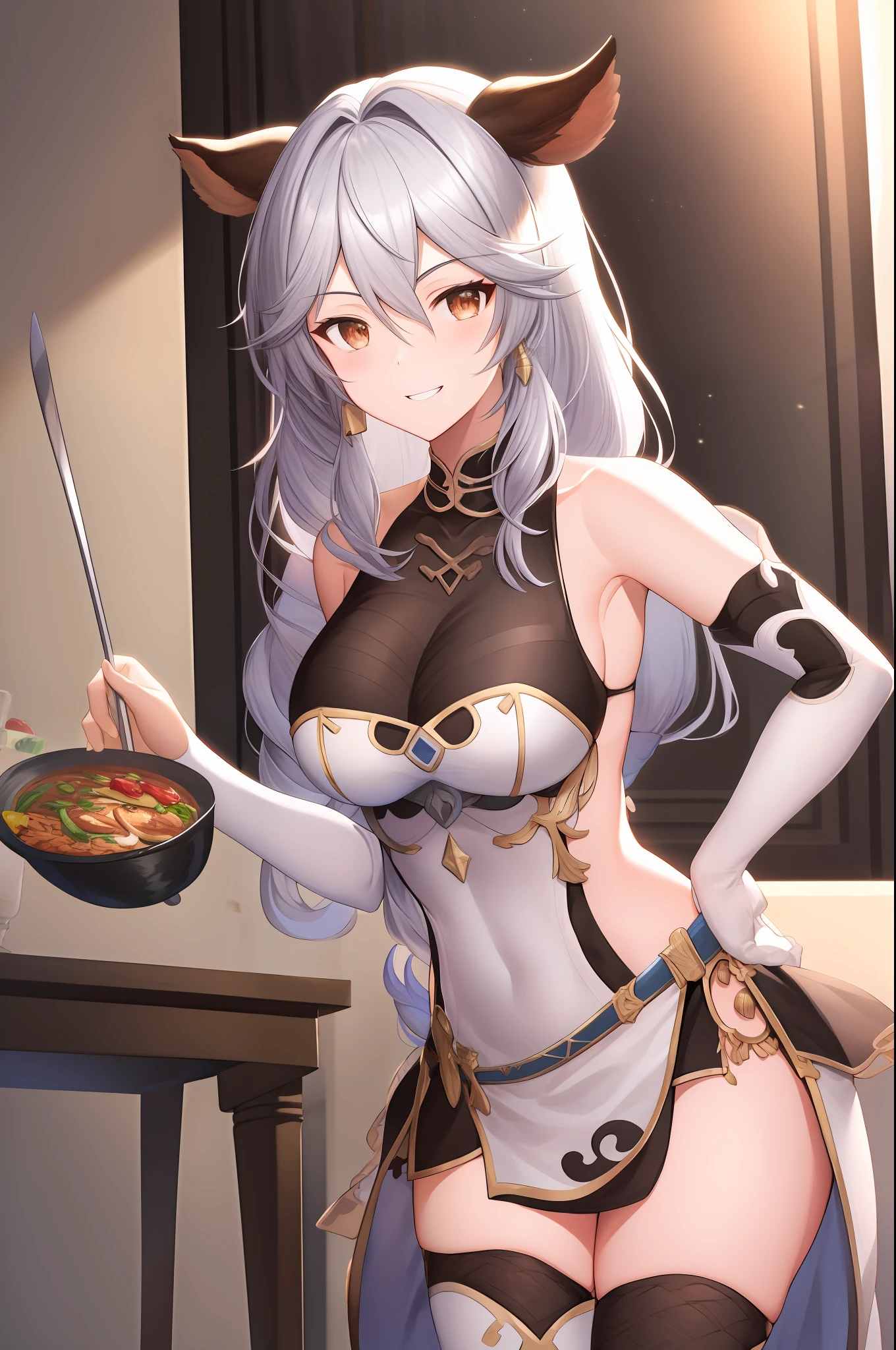 tmasterpiece, Best quality at best, absurderes, Perfect anatomy, 1girll, 独奏, Hailes, rnlong hair, nakeness, Side Chest, inside in room, cuisine, ssmile, Be red in the face, cow boy shot, opposition, dynamicposes